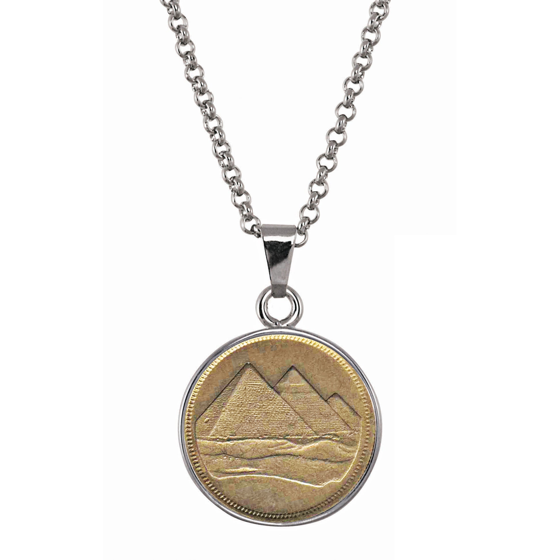 Egyptian Pyramid Coin 1 Piastre Coin Pendant with 18 Inch Silvertone Chain