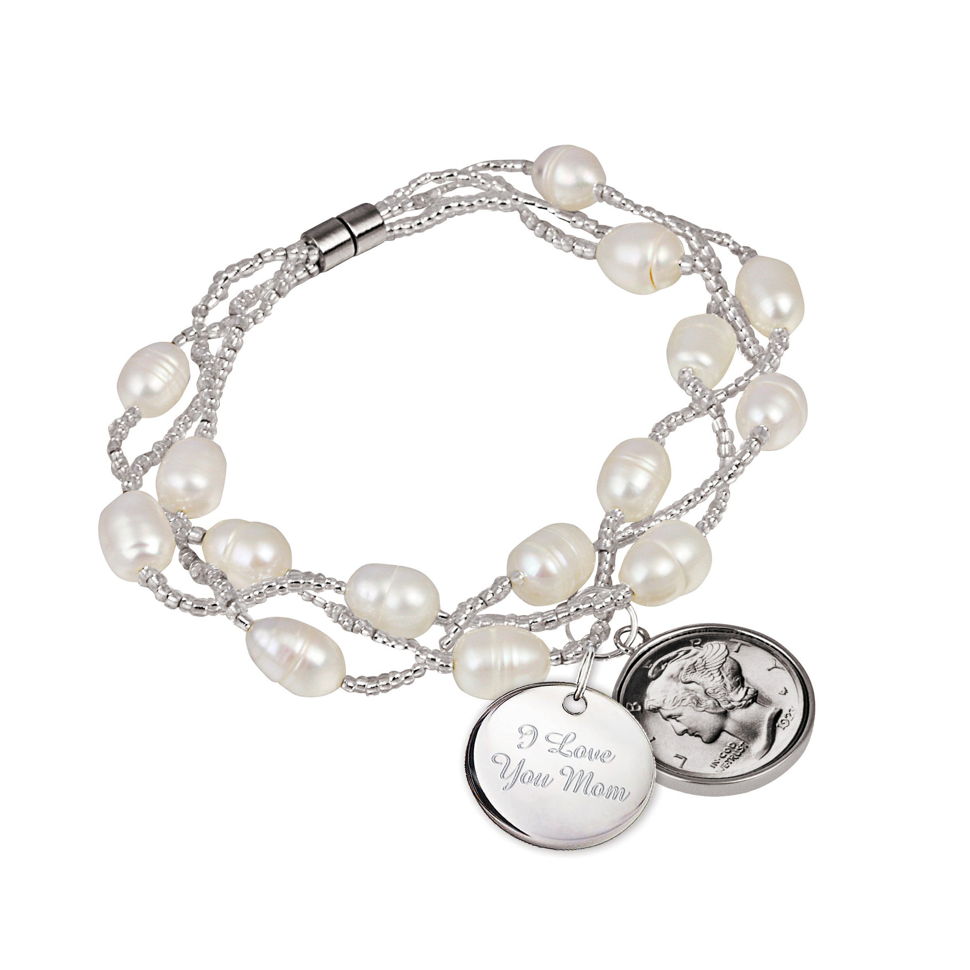 Mercury Dime Fresh Water Pearl Bracelet With I Love You Mom Charm
