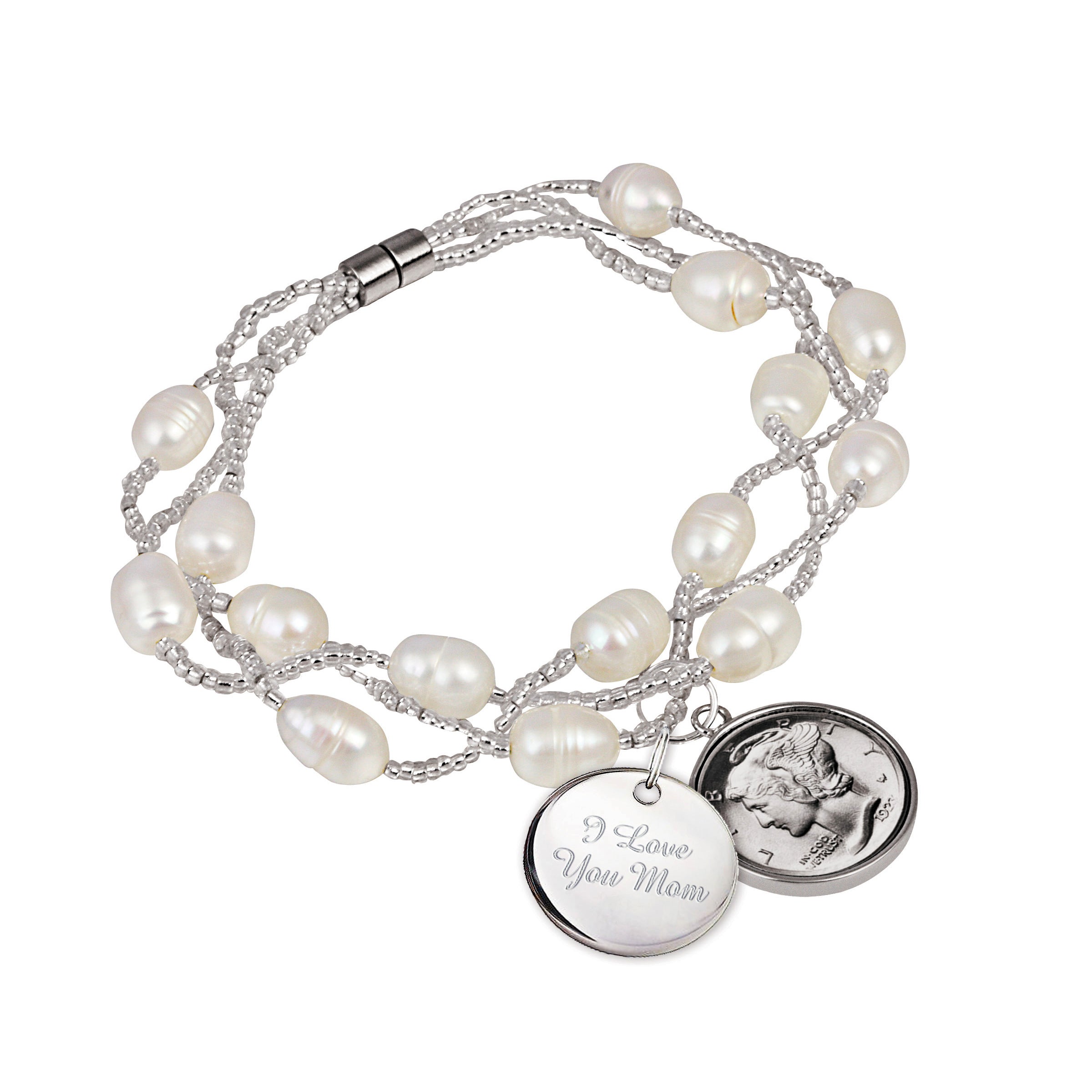 Mercury Dime Fresh Water Pearl Bracelet With I Love You Mom Charm
