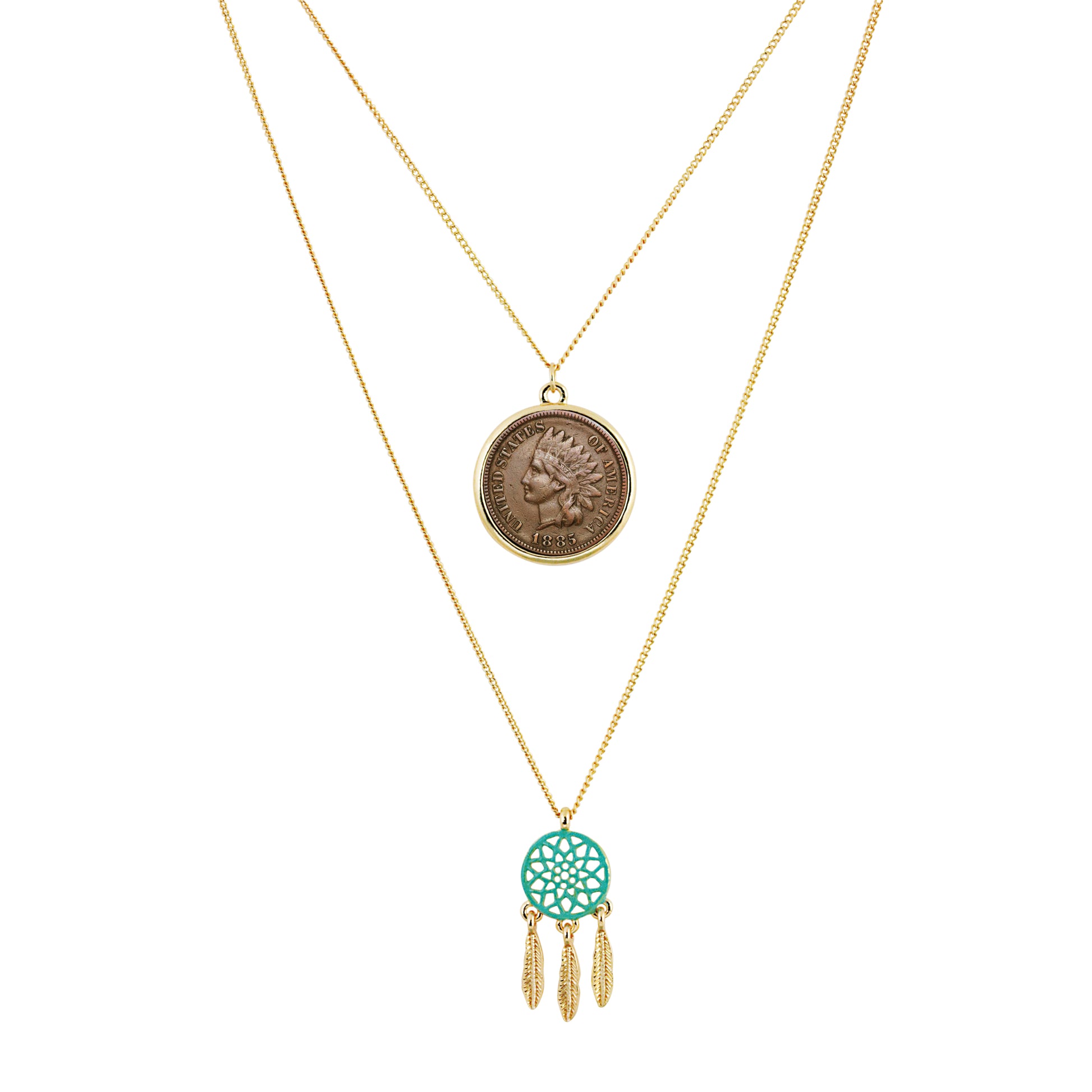 1800s Indian Penny Miniature Dream Catcher Double Chain Necklace