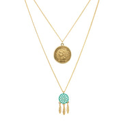 Gold Layered Indian Penny Miniature Dream Catcher Double Chain Necklace
