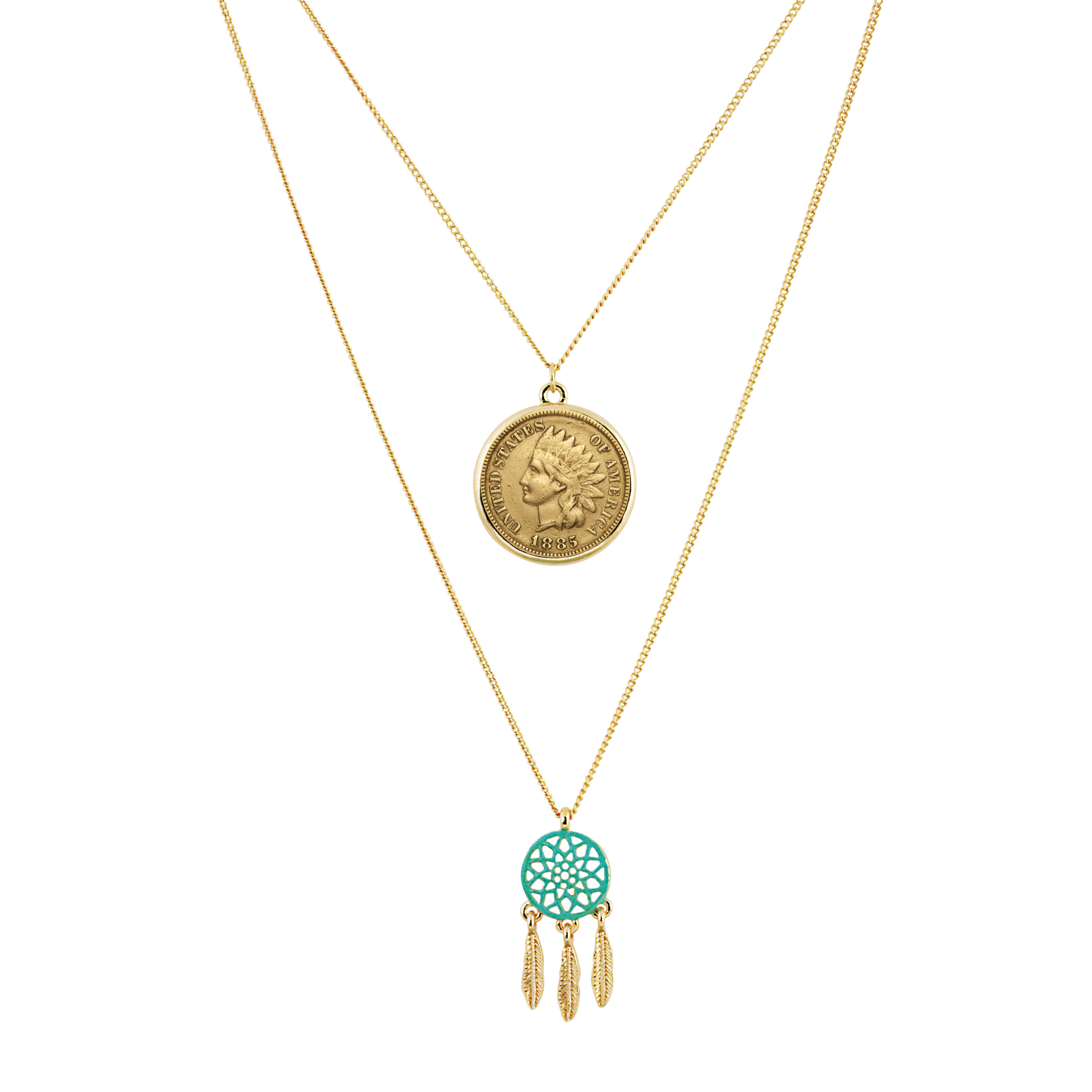 Gold Layered Indian Penny Miniature Dream Catcher Double Chain Necklace