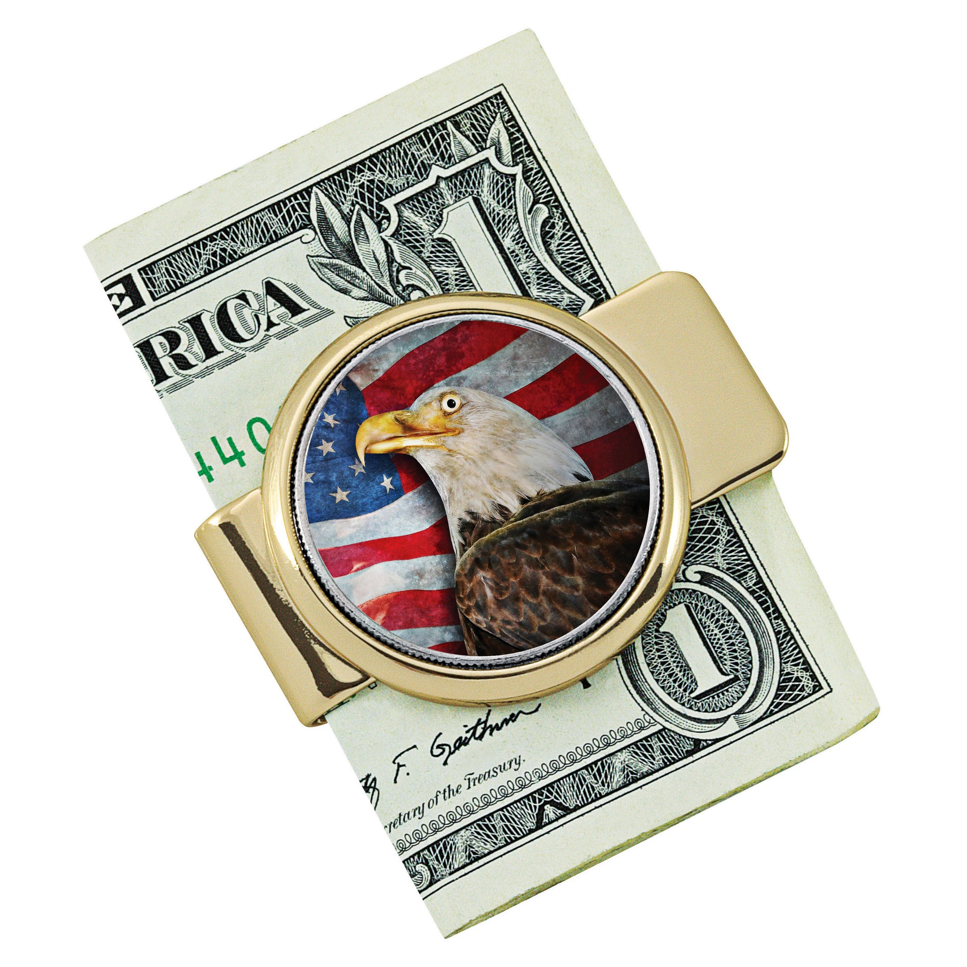 American Bald Eagle Colorized JFK Half Dollar Goldtone Money Clip