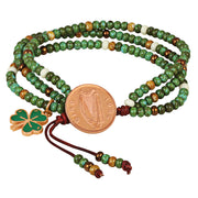 Irish Penny Coin Shamrock Charm Leather Multi Strand Czech Bead Bracelet 