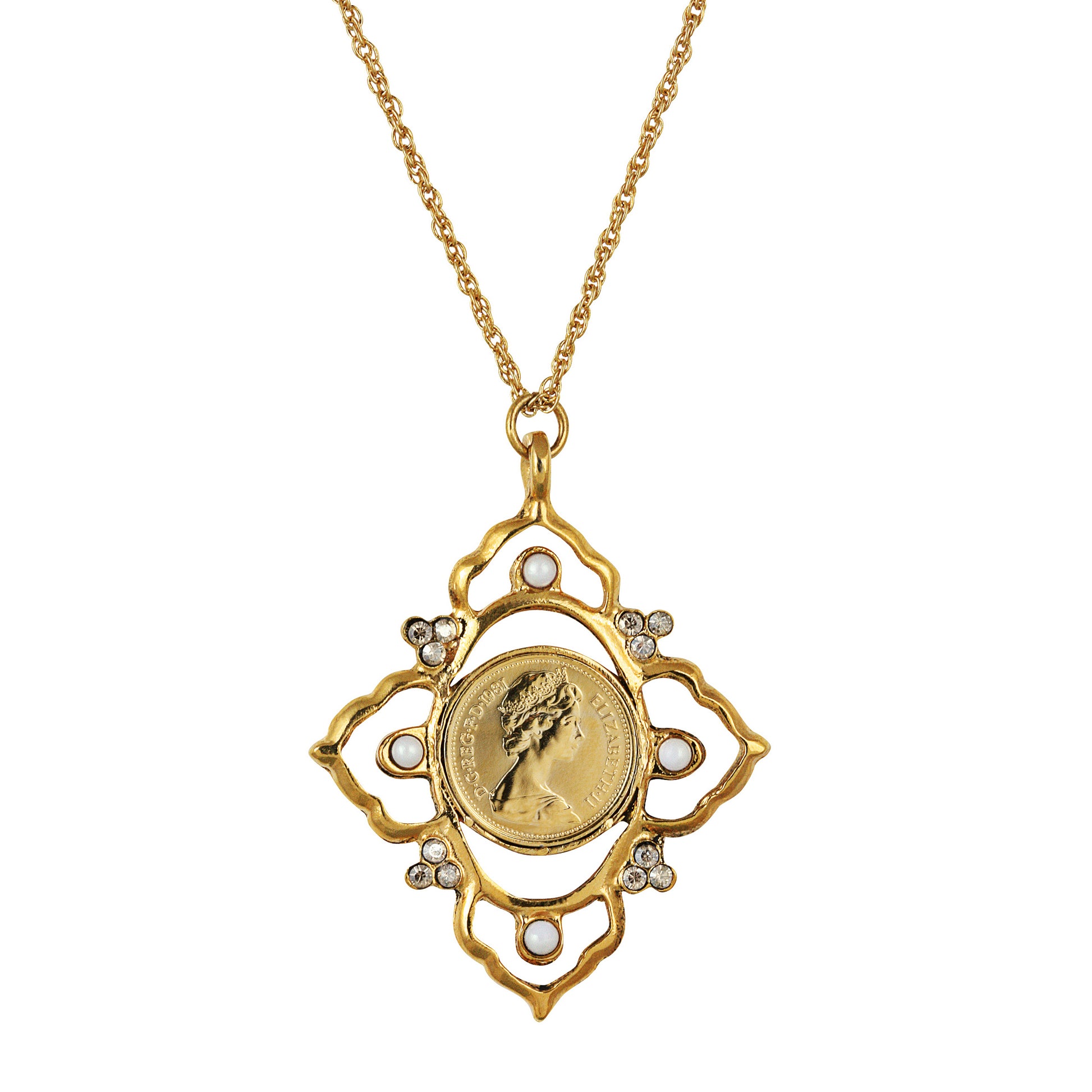 Queen Elizabeth II 1/2 New Penny Coin Victorian Style Goldtone Pendant