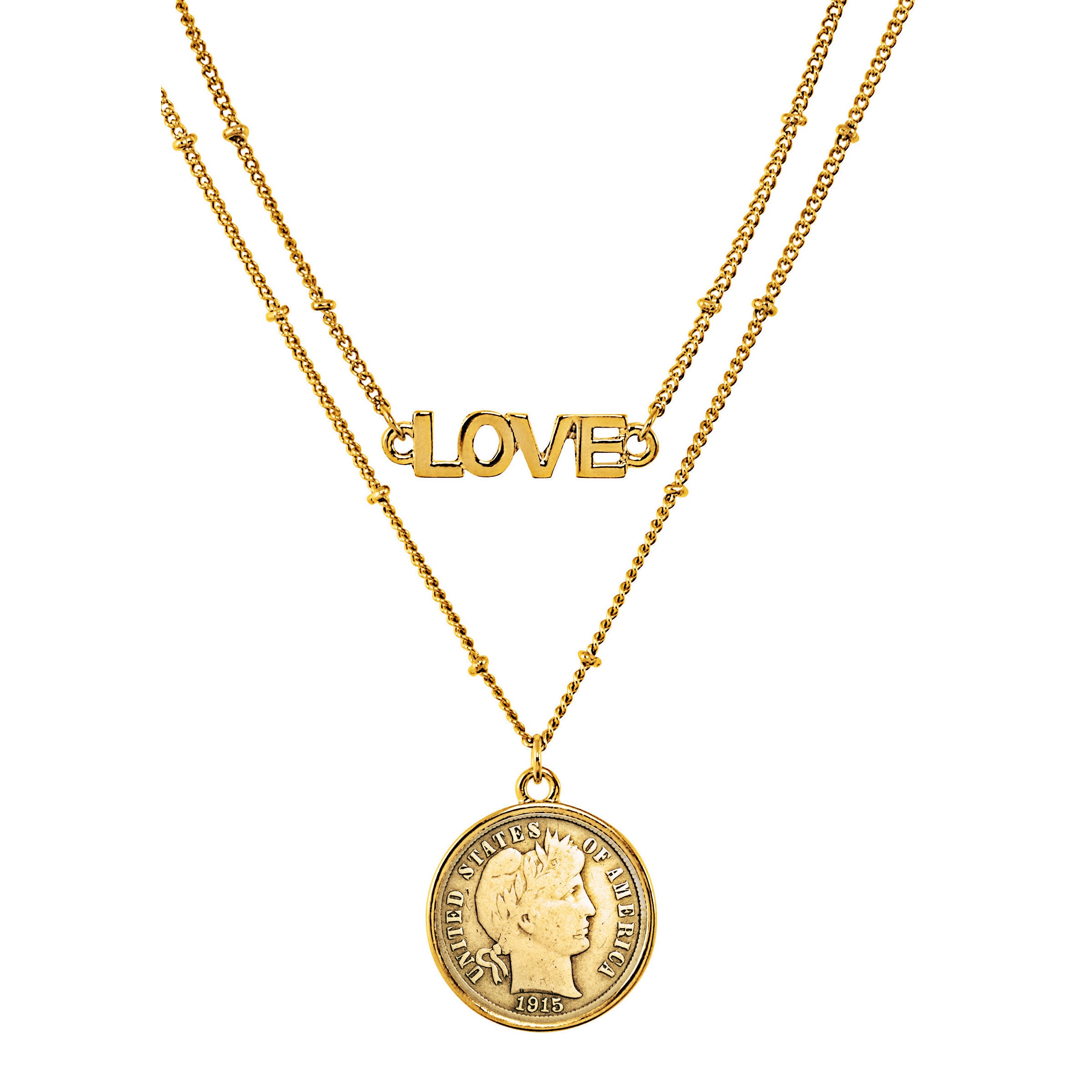 Gold Layered Barber Dime Coin Goldtone Double Strand Love Necklace