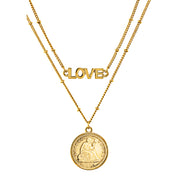 Gold Layered Seated Dime Coin Goldtone Double Strand Love Necklace