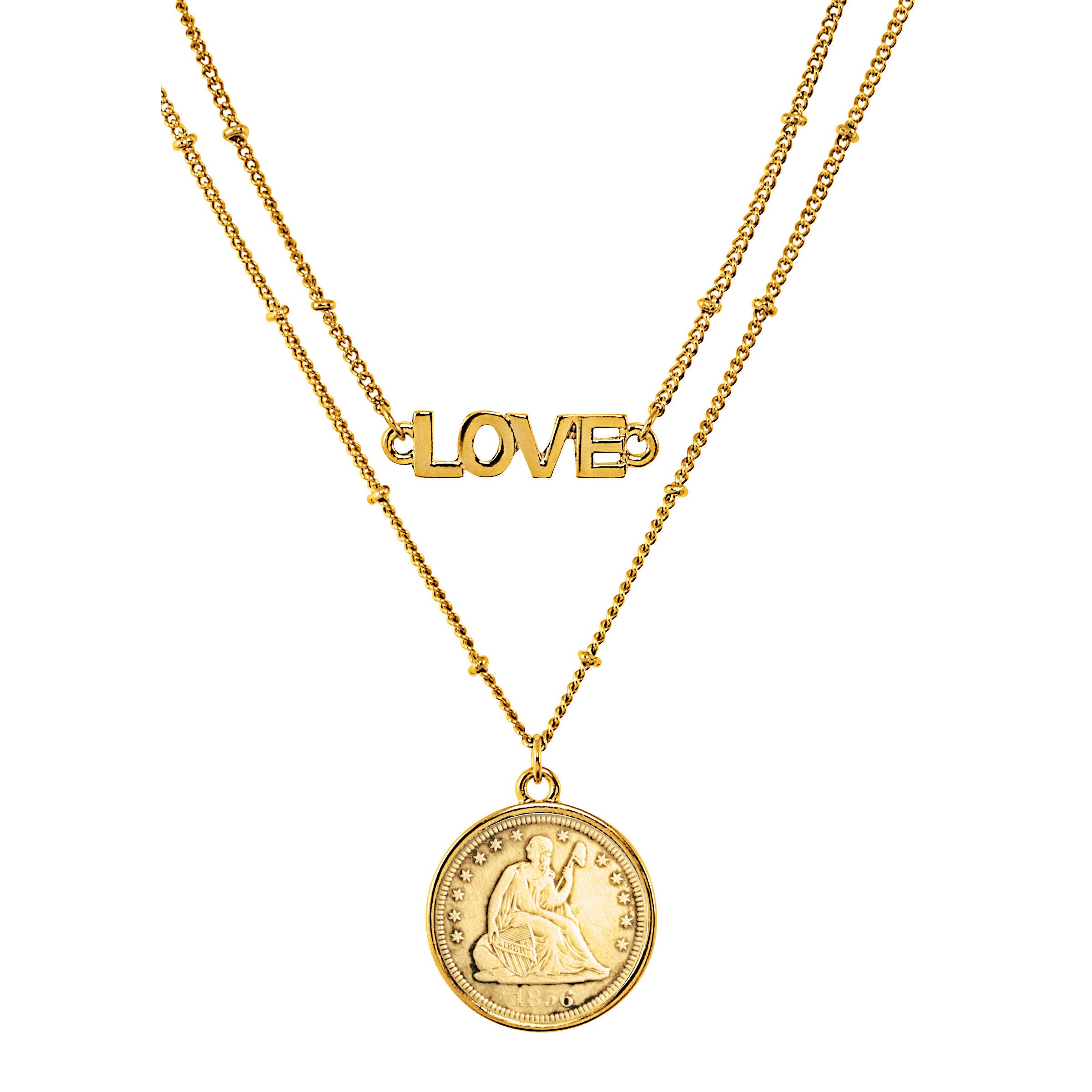 Gold Layered Seated Dime Coin Goldtone Double Strand Love Necklace