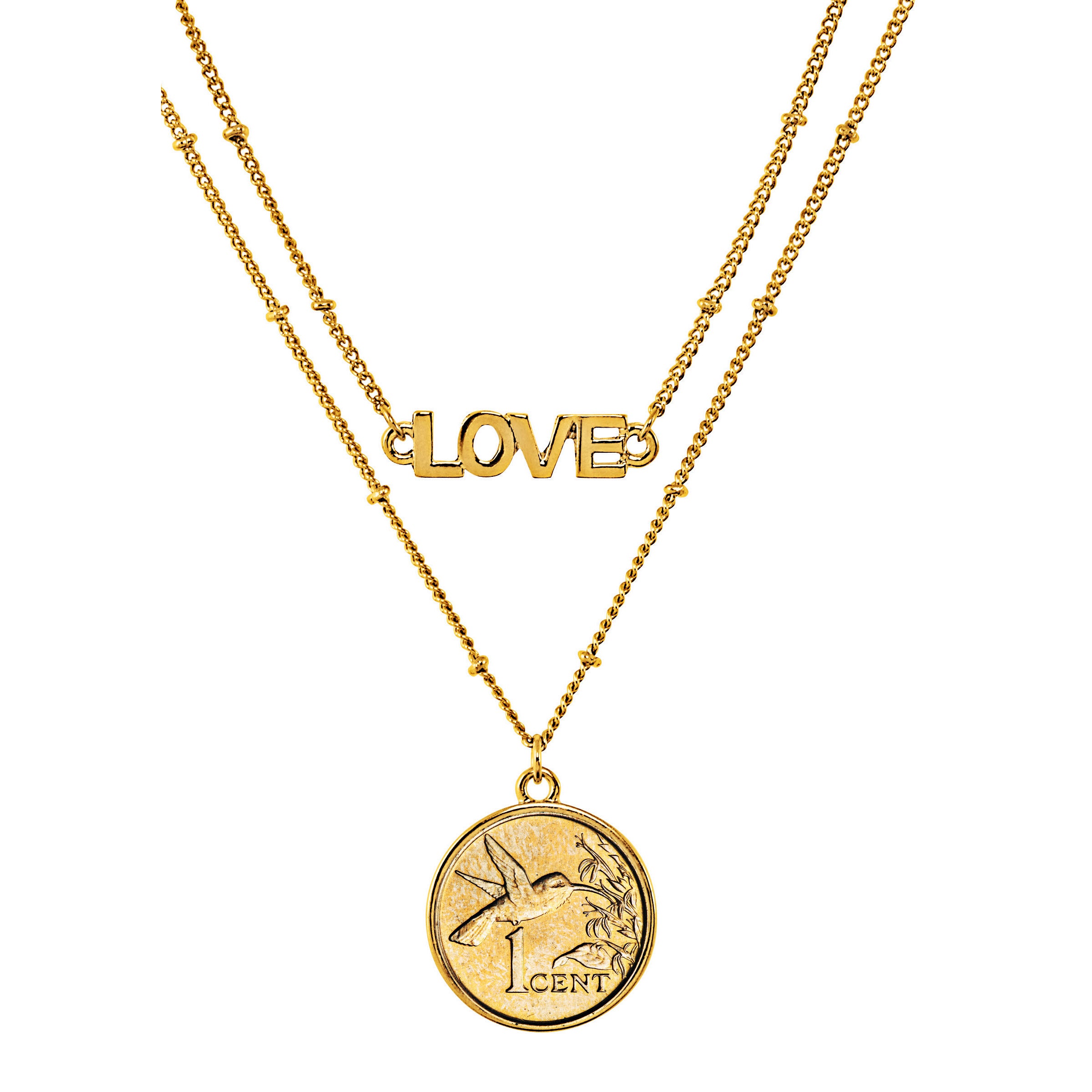 Gold Layered Hummingbird Coin Goldtone Double Strand Love Necklace