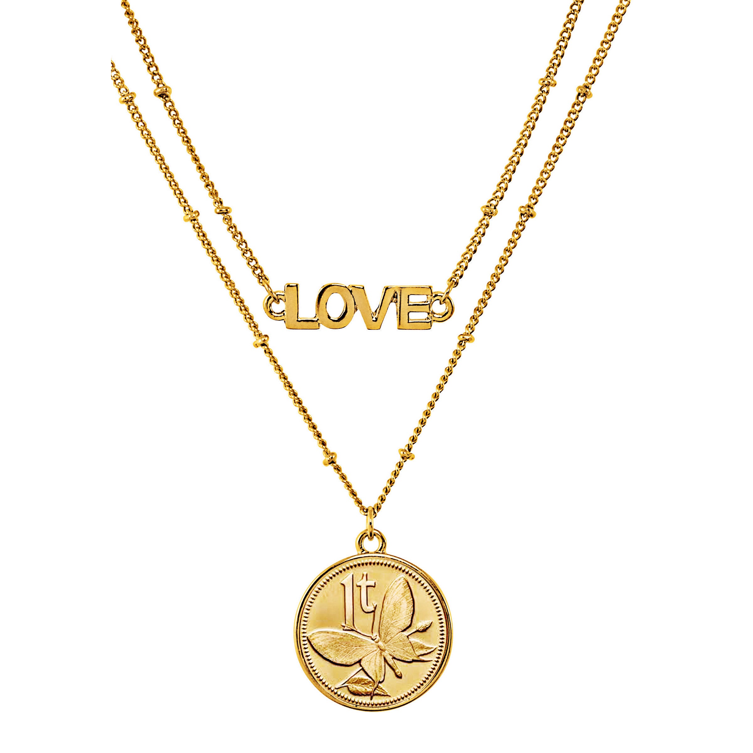 Gold Layered Butterfly Coin Goldtone Double Strand Love Necklace