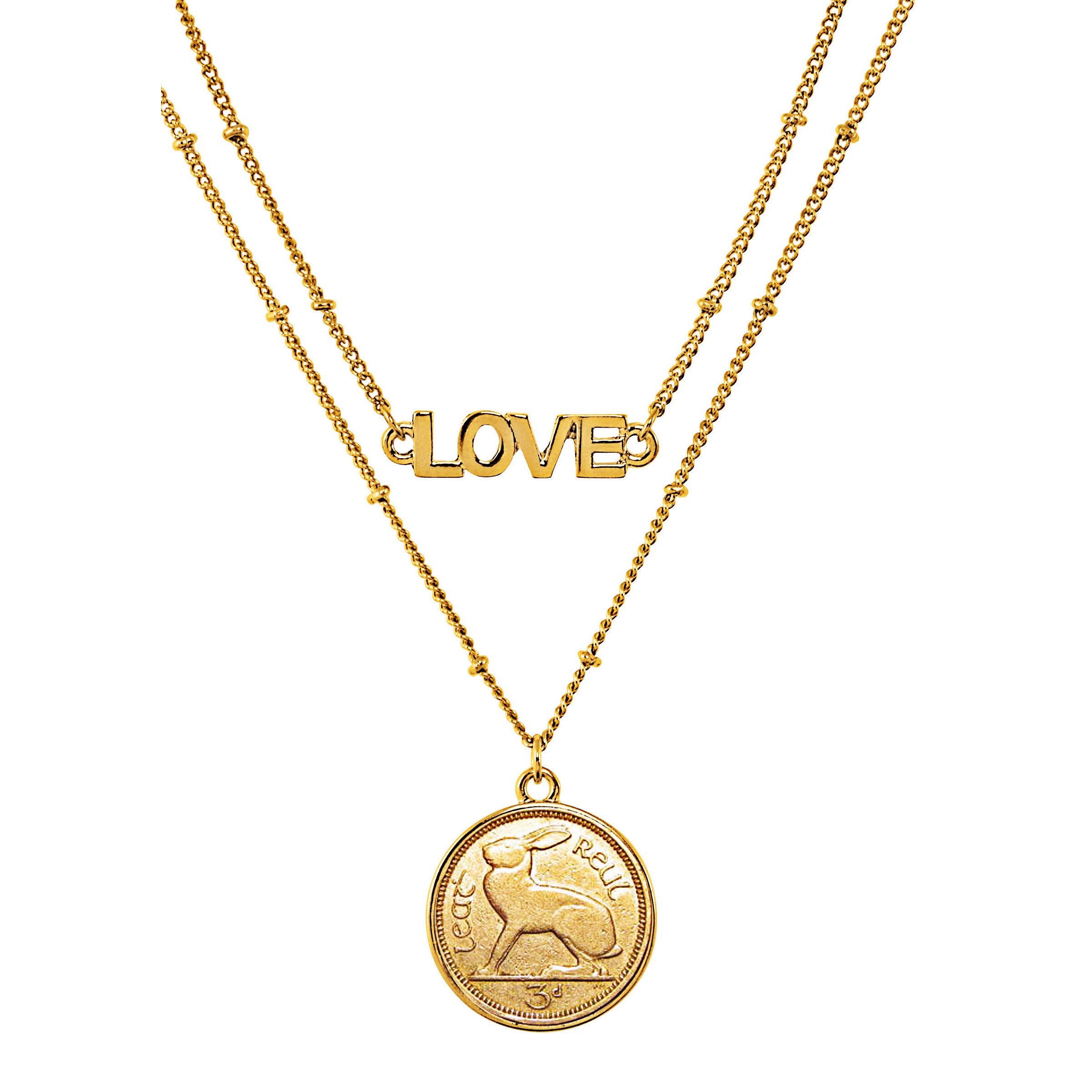 Gold Layered 3 Pence Coin Goldtone Double Strand Love Necklace