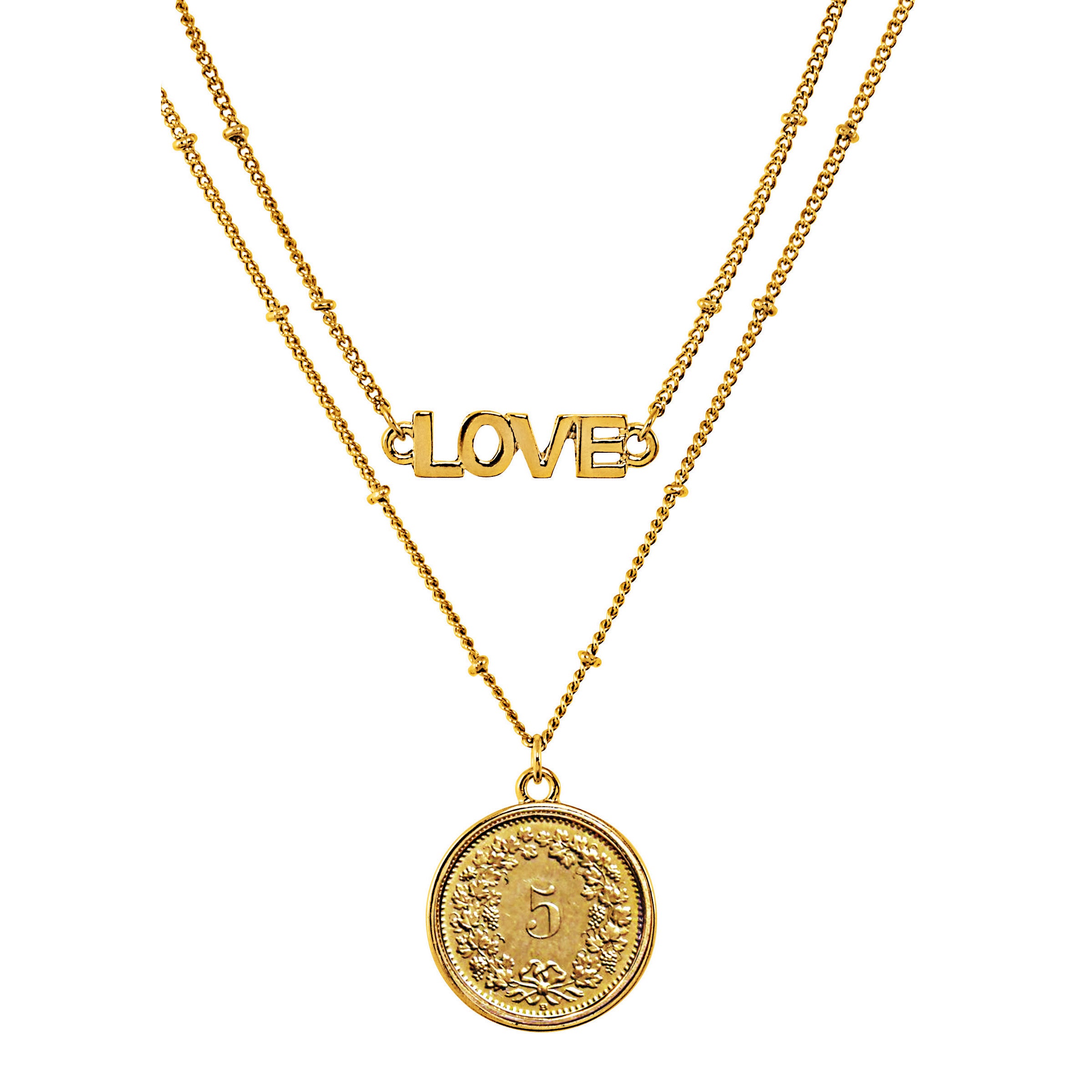 Swiss Coin Goldtone Double Strand Love Necklace