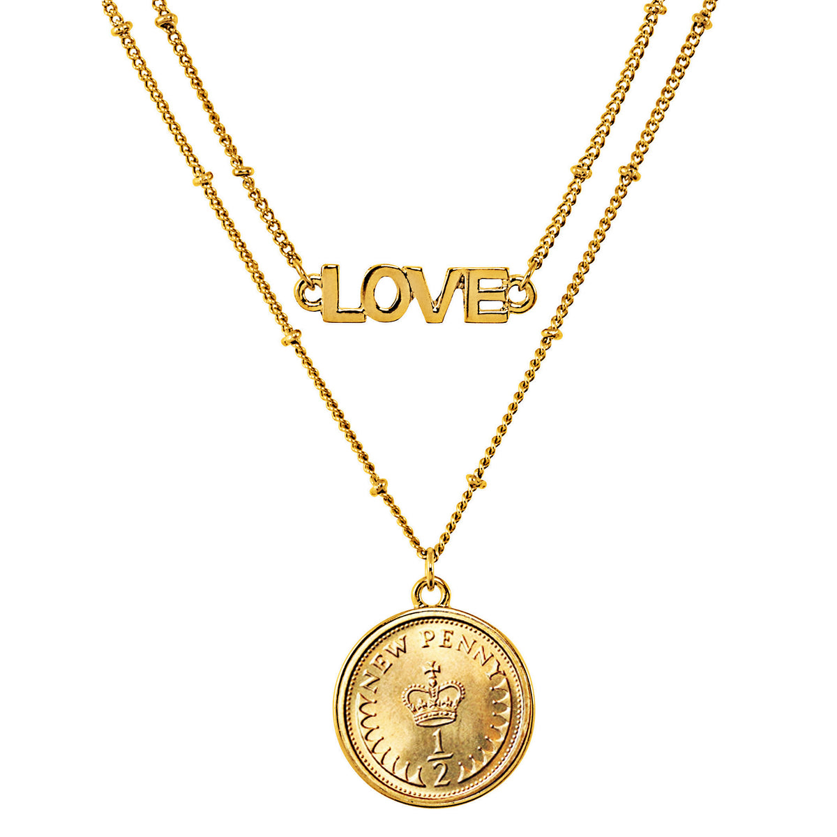 Gold Layered 1/2 New Penny Goldtone Double Strand Love Necklace