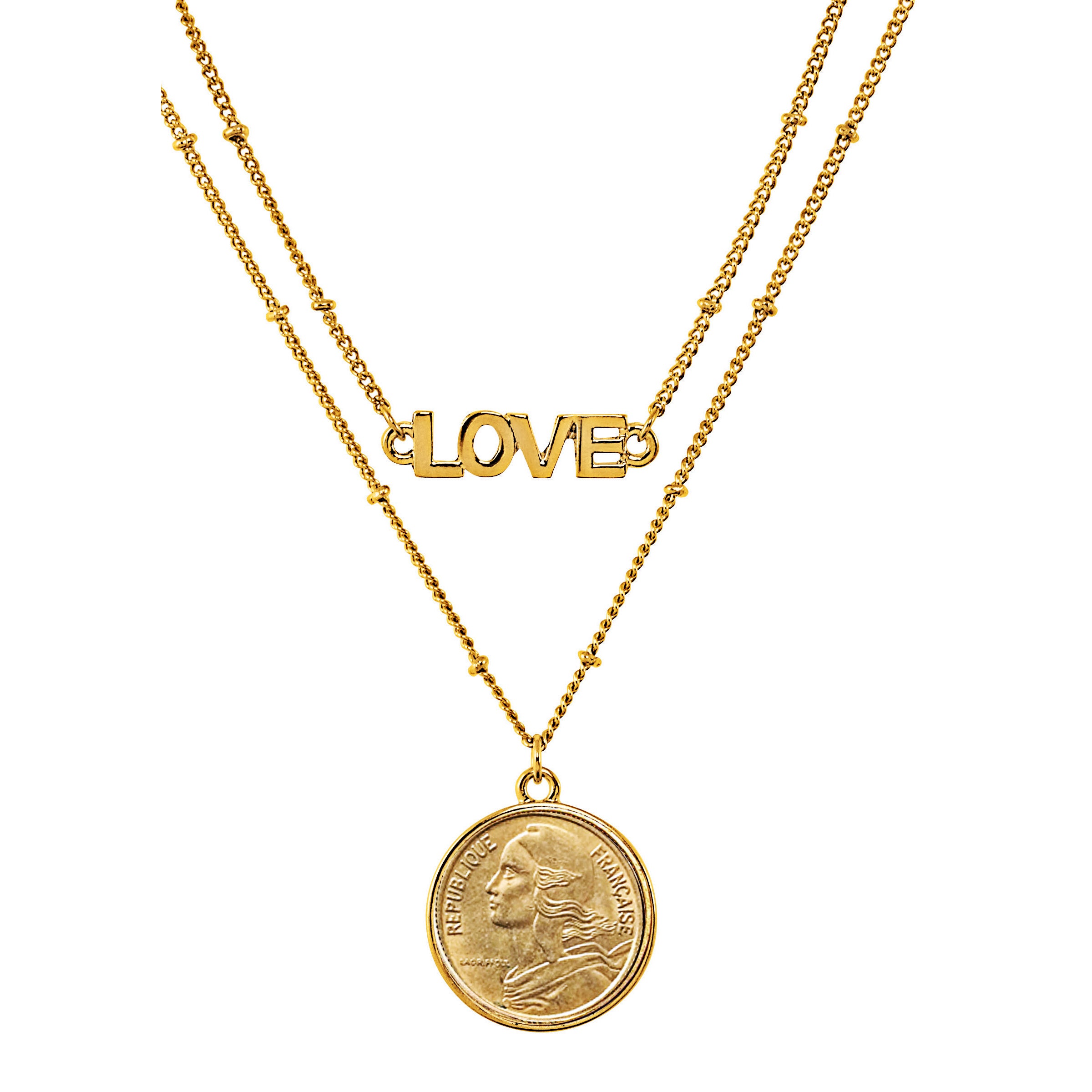 French 5 Centimes Coin Goldtone Double Strand Love Necklace 