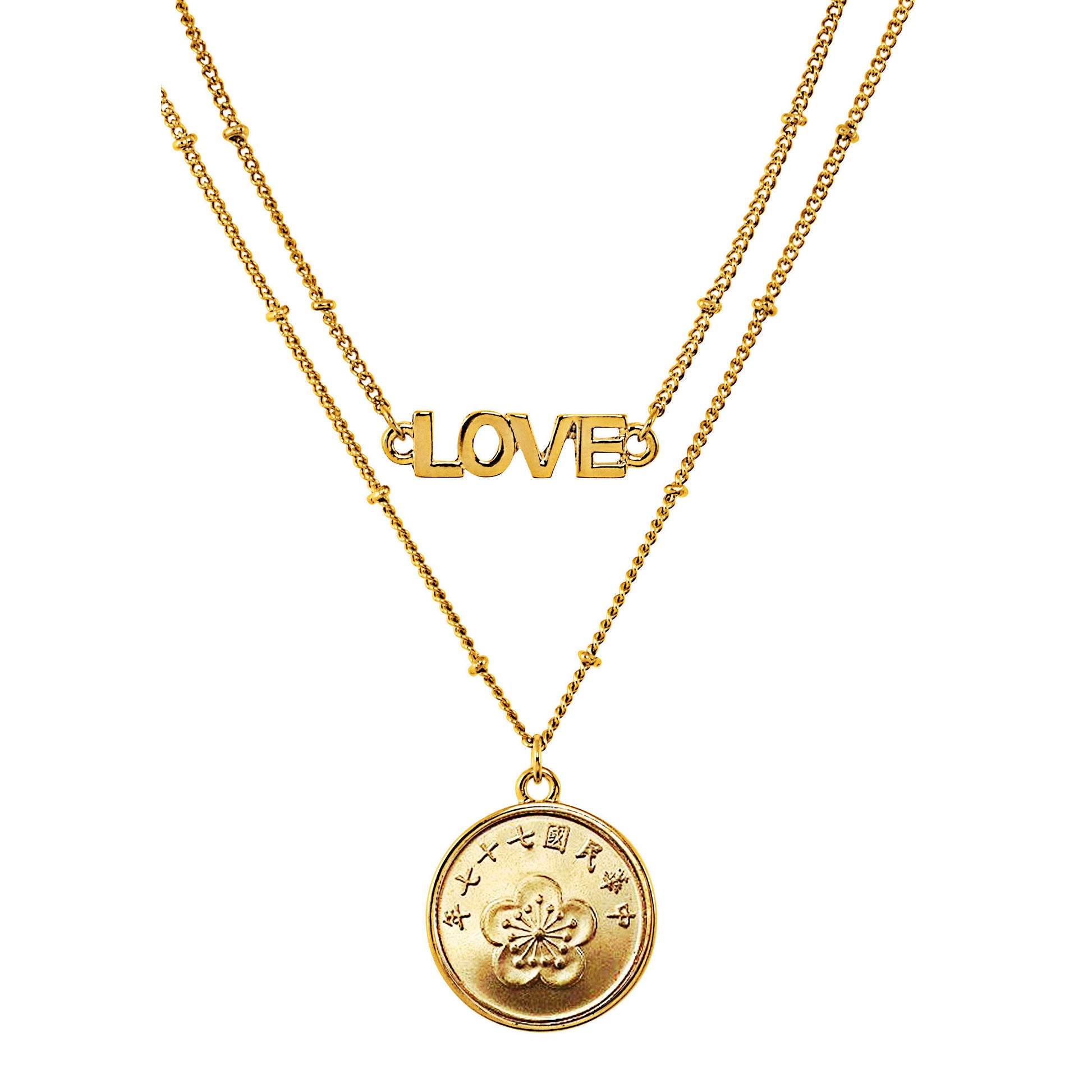 Gold Layered Lucky Chinese Orchid Coin Goldtone Double Strand Love Necklace