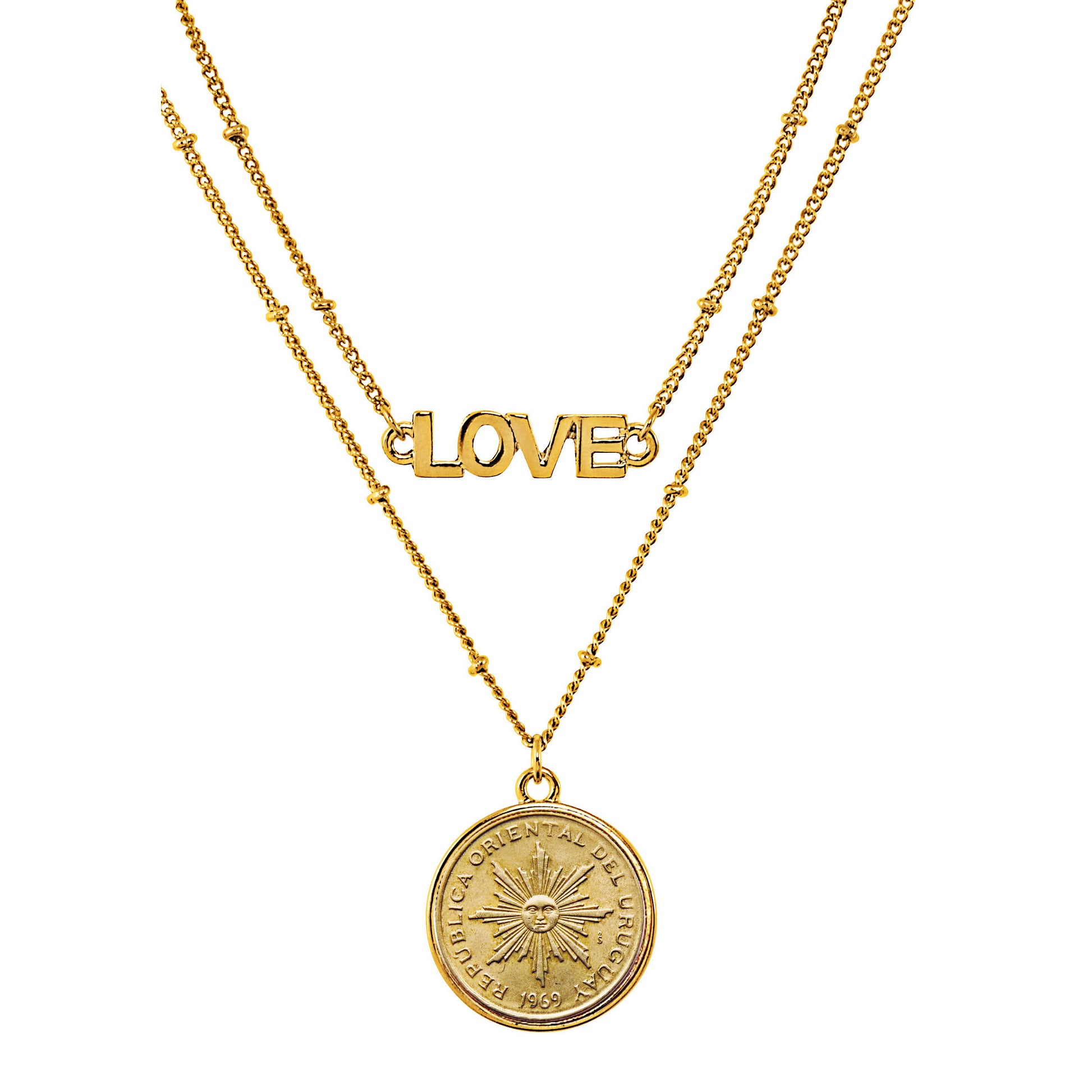 Uruguay 1 Peso Sun Coin Goldtone Double Strand Love Necklace