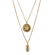 Gold Plated Starfish Coin Gold Trimmed Cowrie Shell Double Chain Necklace