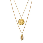Gold Plated Hummingbird Coin With Gold Trimmed Cowrie Shell Double Chain Necklace