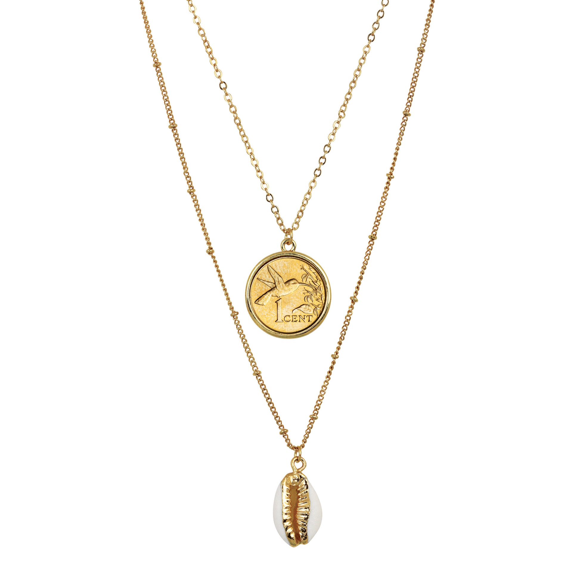 Gold Plated Hummingbird Coin With Gold Trimmed Cowrie Shell Double Chain Necklace