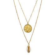 Gold Plated Butterfly Coin With Gold Trimmed Cowrie Shell Double Chain Necklace