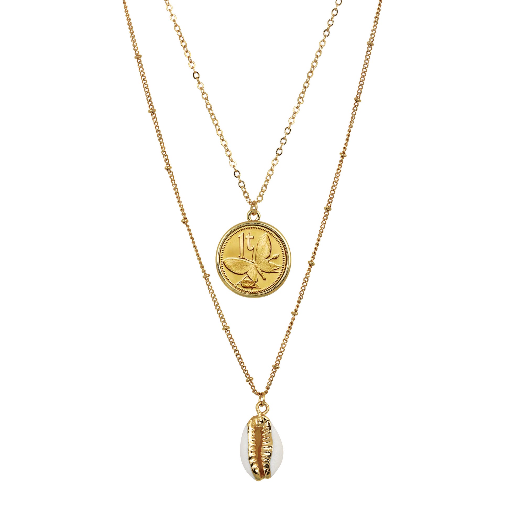 Gold Plated Butterfly Coin With Gold Trimmed Cowrie Shell Double Chain Necklace