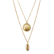 Gold Plated Chinese Orchid Coin With Gold Trimmed Cowrie Shell Double Chain Necklace