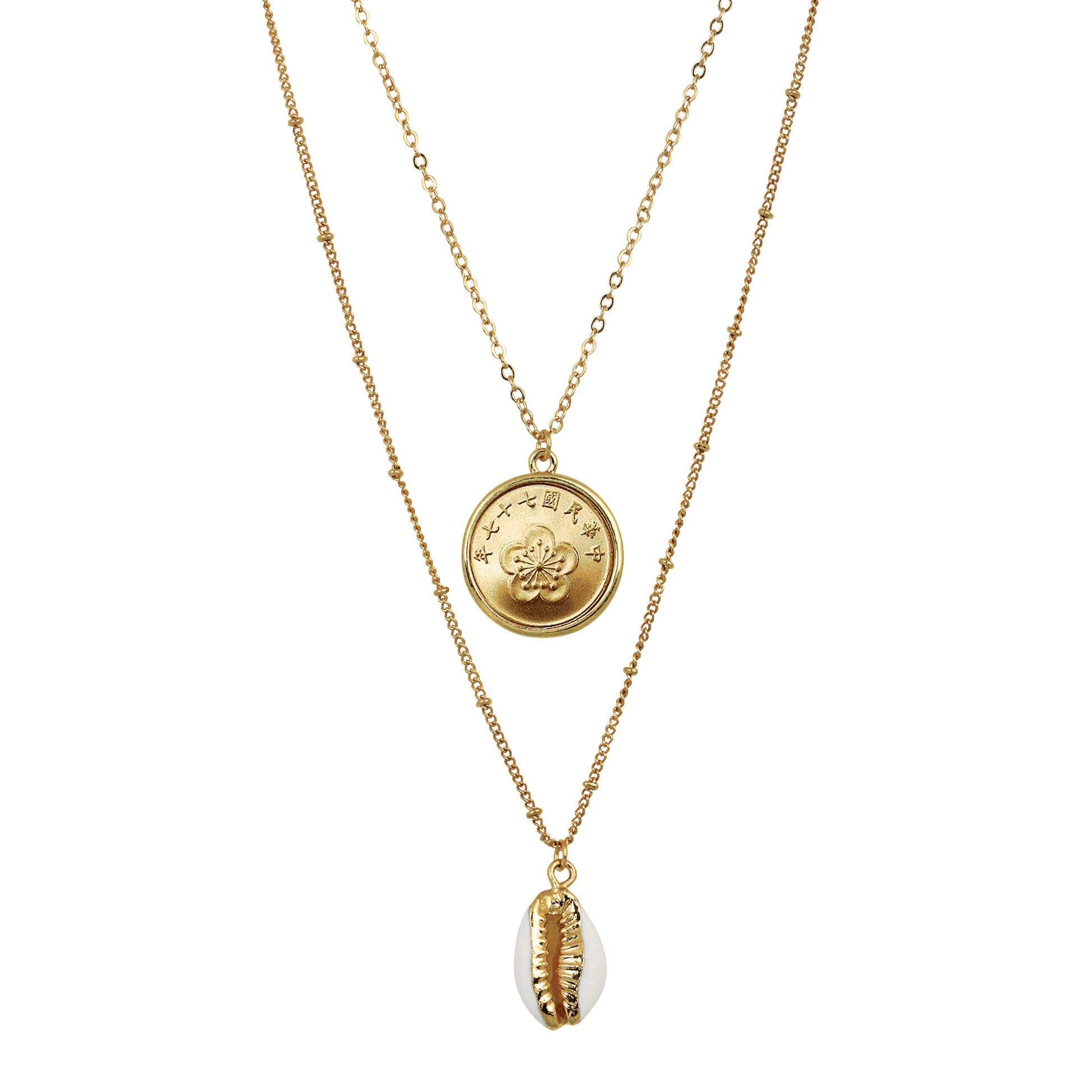 Gold Plated Chinese Orchid Coin With Gold Trimmed Cowrie Shell Double Chain Necklace