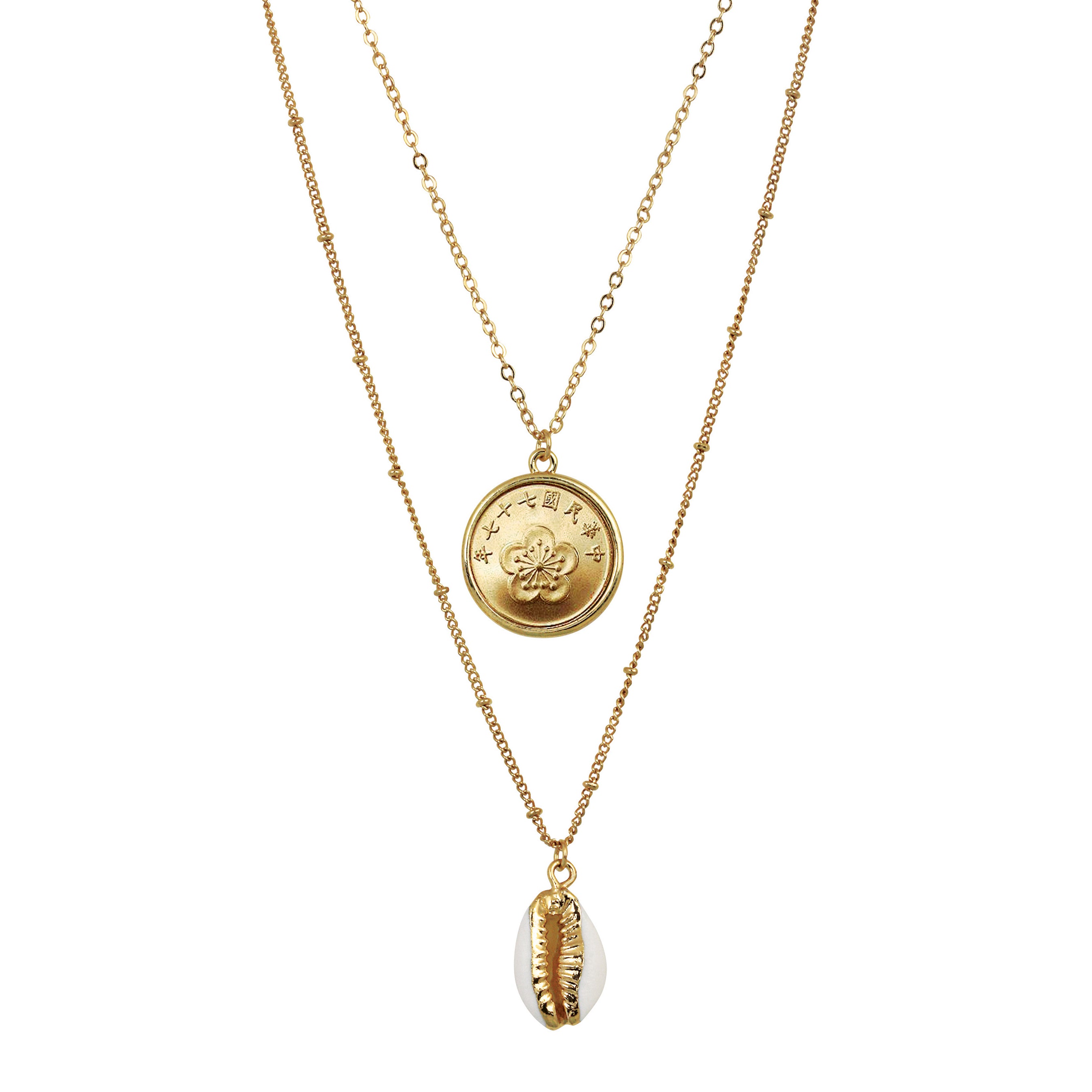 Gold Plated Chinese Orchid Coin With Gold Trimmed Cowrie Shell Double Chain Necklace