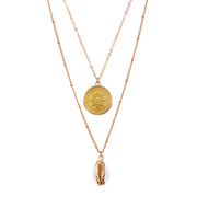 Sun Coin With Gold Plated Cowrie Shell Double Chain Necklace