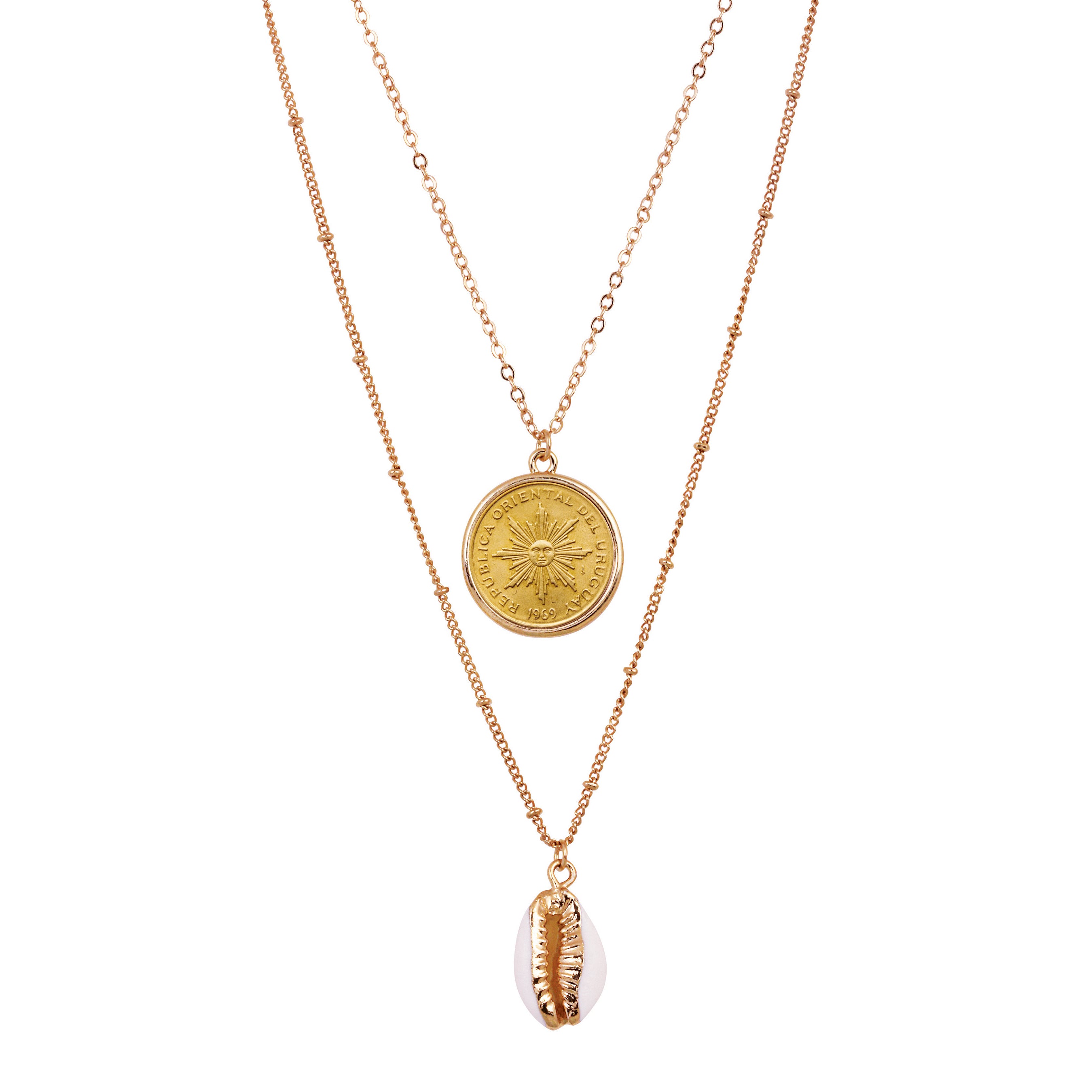 Sun Coin With Gold Plated Cowrie Shell Double Chain Necklace