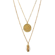 Swiss Coin With Gold Plated Cowrie Shell Double Chain Necklace