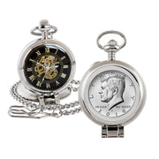 JFK Half Dollar Coin Pocket Watch with Skeleton Movement - Black Dial with Gold Roman Numerals