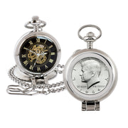 JFK 1964 First Year of Issue Half Dollar Coin Pocket Watch with Skeleton Movement - Black Dial with Gold Roman Numerals