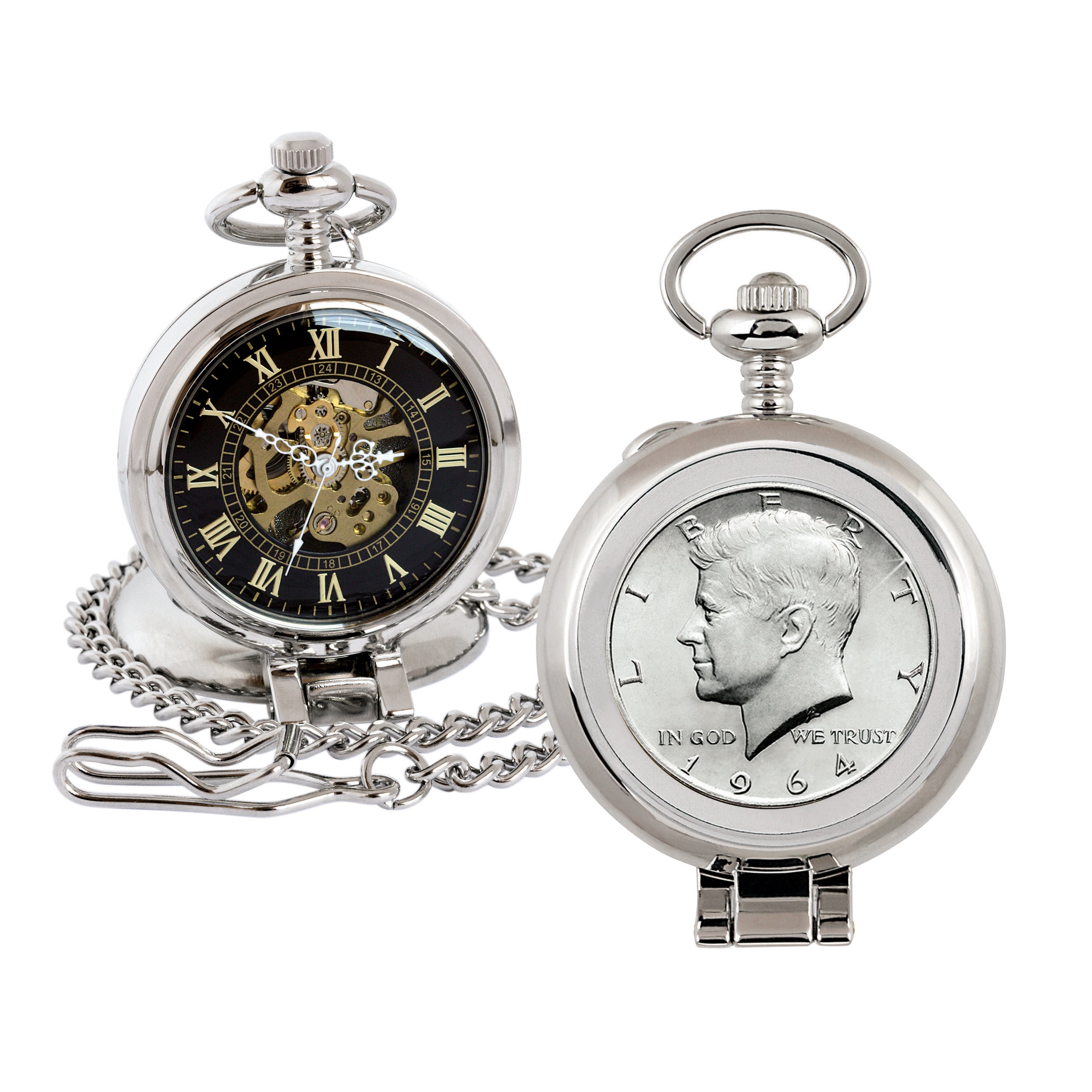 JFK 1964 First Year of Issue Half Dollar Coin Pocket Watch with Skeleton Movement - Black Dial with Gold Roman Numerals