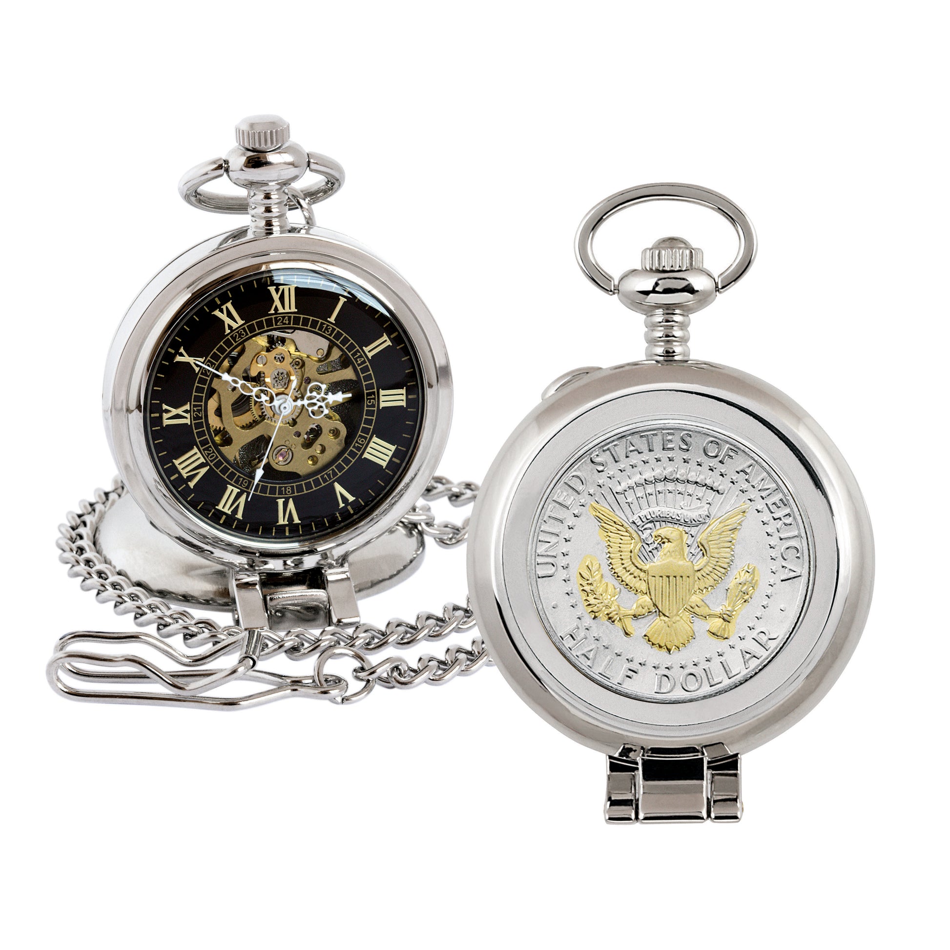 Selectively Gold-Layered Presidential Seal JFK Half Dollar Coin Pocket Watch with Skeleton Movement - Black Dial with Gold Roman Numerals