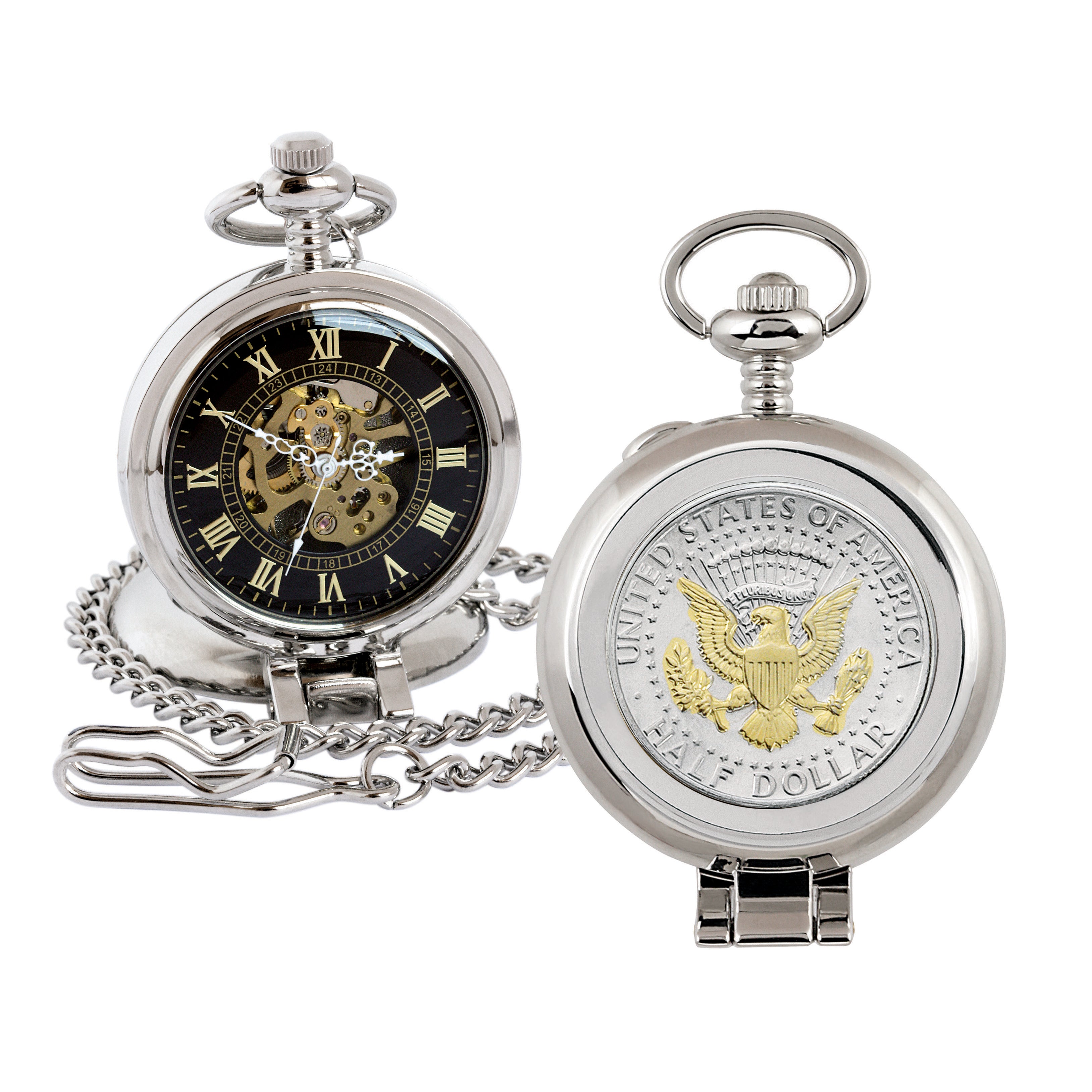 Selectively Gold-Layered Presidential Seal JFK Half Dollar Coin Pocket Watch with Skeleton Movement - Black Dial with Gold Roman Numerals