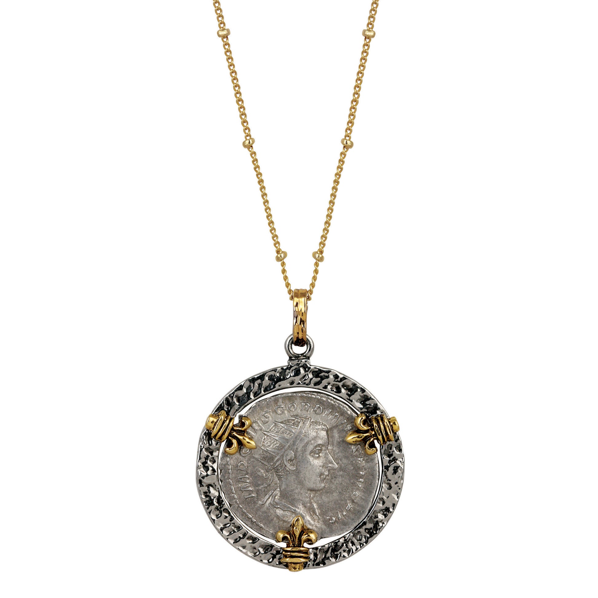Two Tone Fleur De Lis Ancient Roman Silver Coin Pendant Necklace