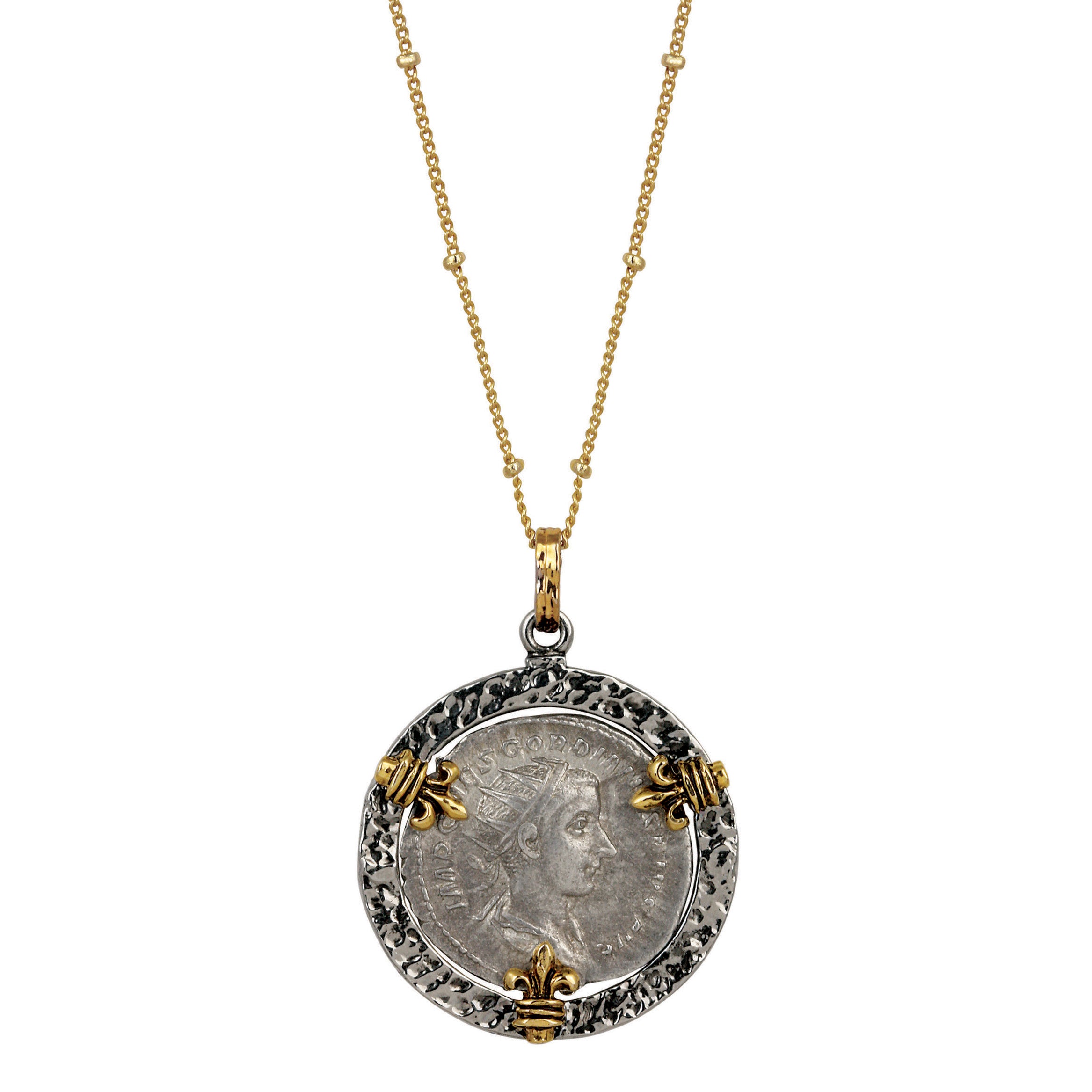 Two Tone Fleur De Lis Ancient Roman Silver Coin Pendant Necklace