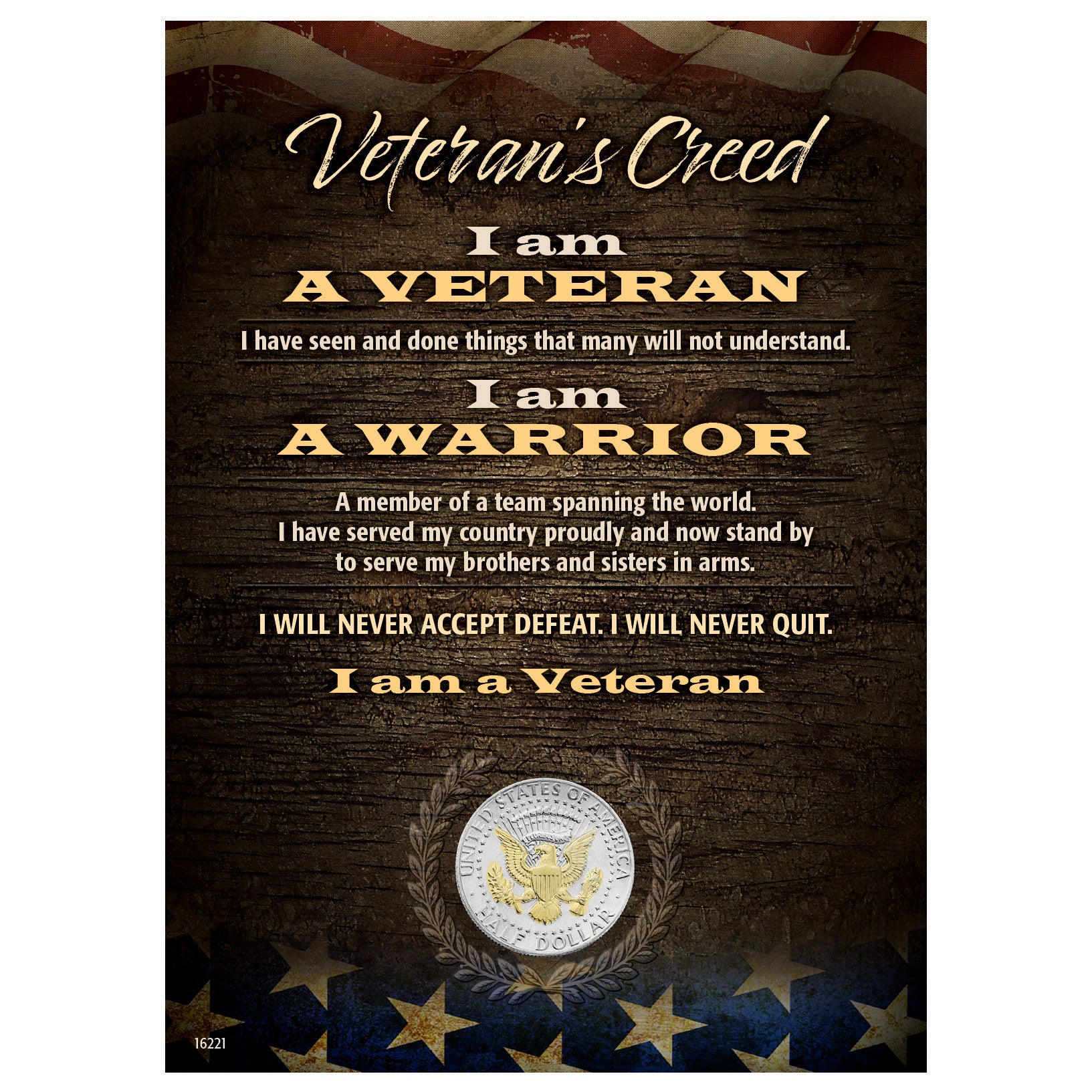 Veteran's Creed with Genuine JFK Half Dollar Matted Coin