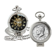 JFK Half Dollar Coin Pocket Watch with Skeleton Movement - Magnifying Glass - Black Dial with Gold Roman Numerals