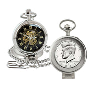 Proof JFK Half Dollar Coin Pocket Watch with Skeleton Movement - Magnifying Glass - Black Dial with Gold Roman Numerals