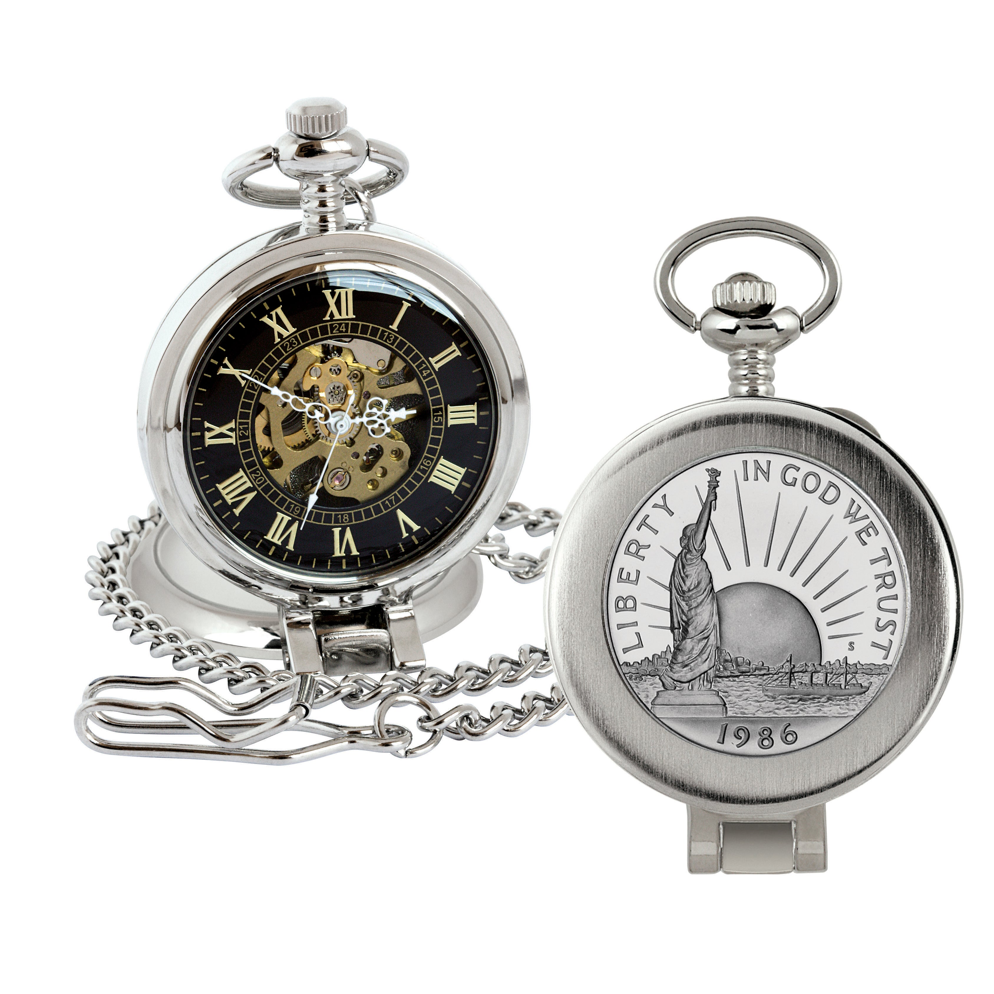 Statue of Liberty Commemorative Half Dollar Coin Pocket Watch with Skeleton Movement - Magnifying Glass - Black Dial with Gold Roman Numerals