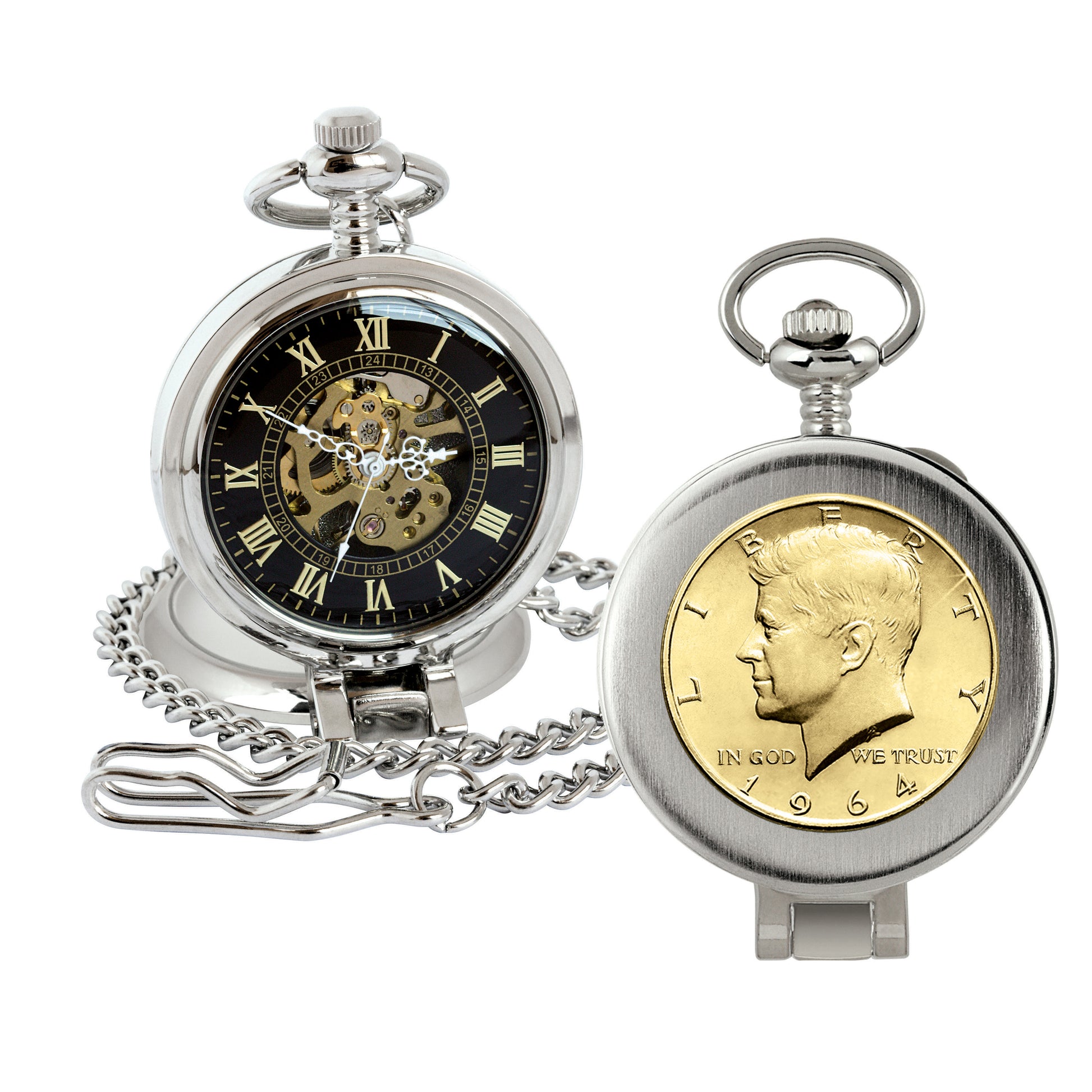 Gold-Layered JFK 1964 First Year of Issue Half Dollar Coin Pocket Watch with Skeleton Movement - Magnifying Glass - Black Dial with Gold Roman Numerals