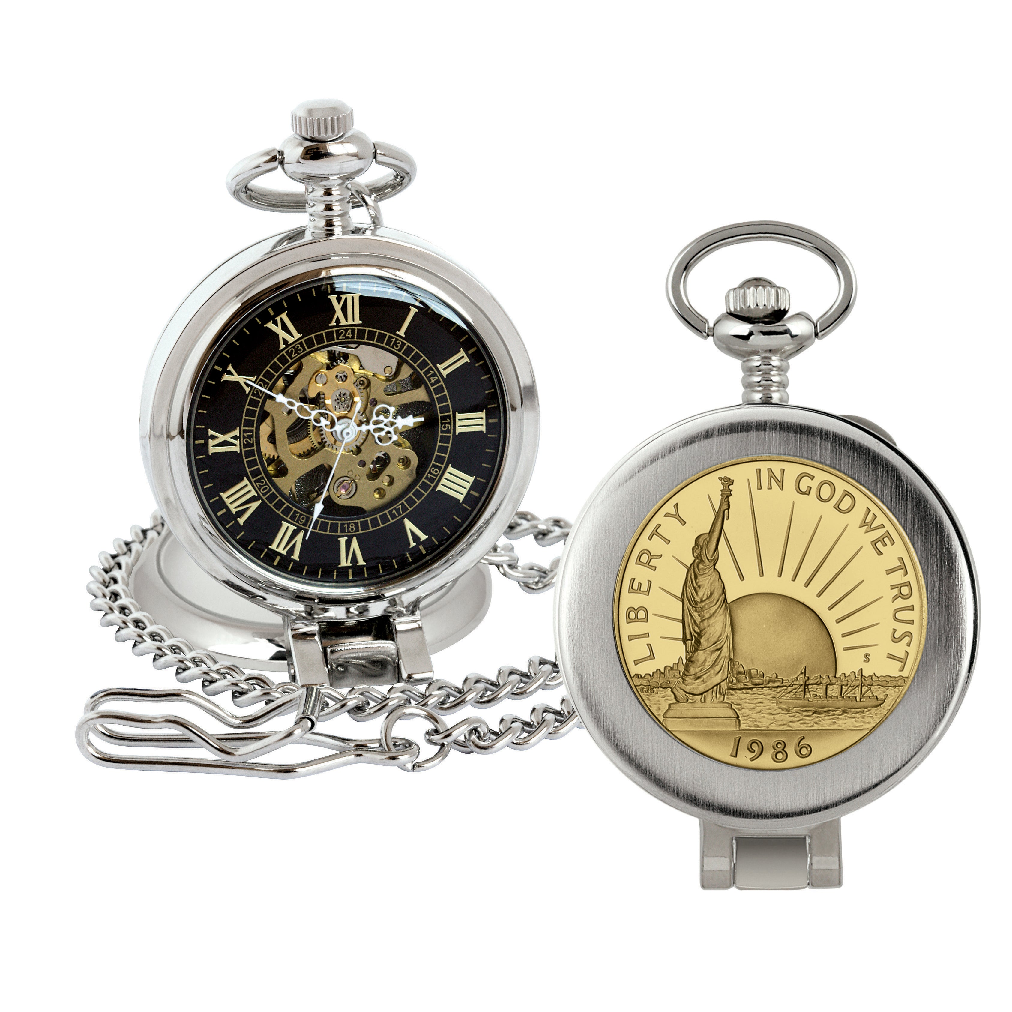 Gold-Layered Statue of Liberty Commemorative Half Dollar Coin Pocket Watch with Skeleton Movement - Magnifying Glass - Black Dial with Gold Roman Numerals