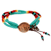 Buffalo Nickel Coin Leather Multi Strand Czech Bead Bracelet