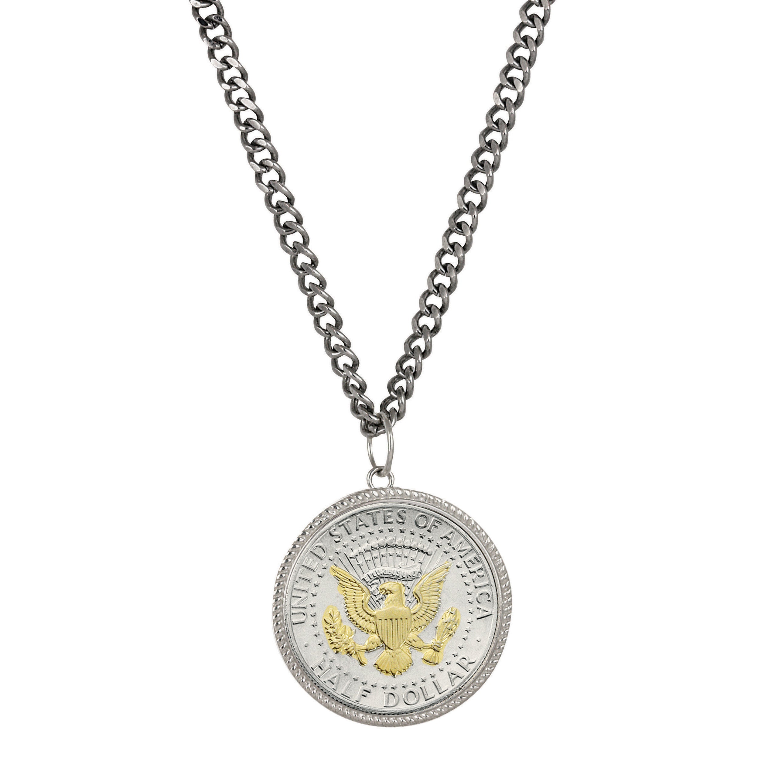 Presidential Seal 2 Tone JFK Half Dollar Pendant With Curb Chain