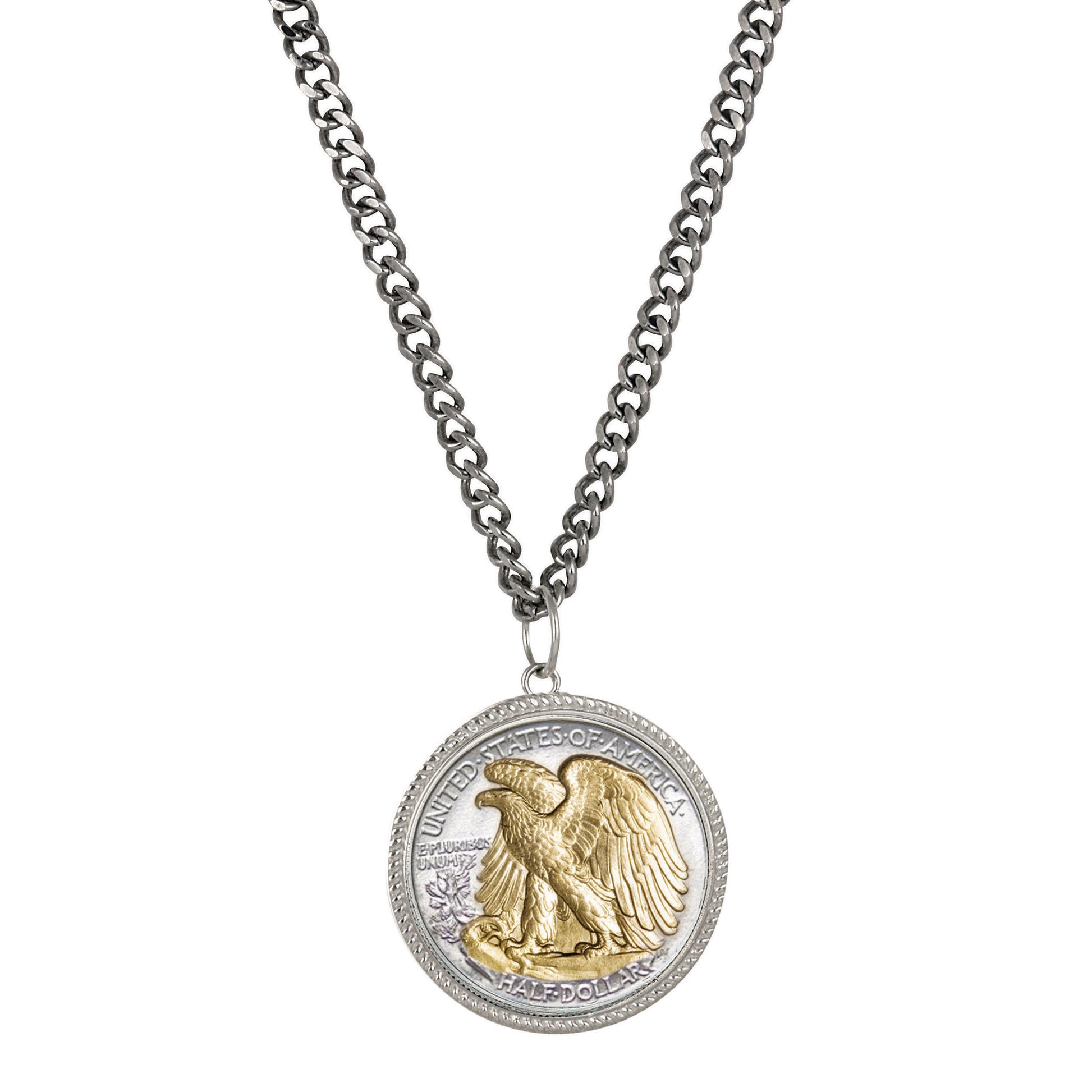 Walking Liberty Silver Half Dollar Pendant With Curb Chain- Reverse 2 Tone Plating