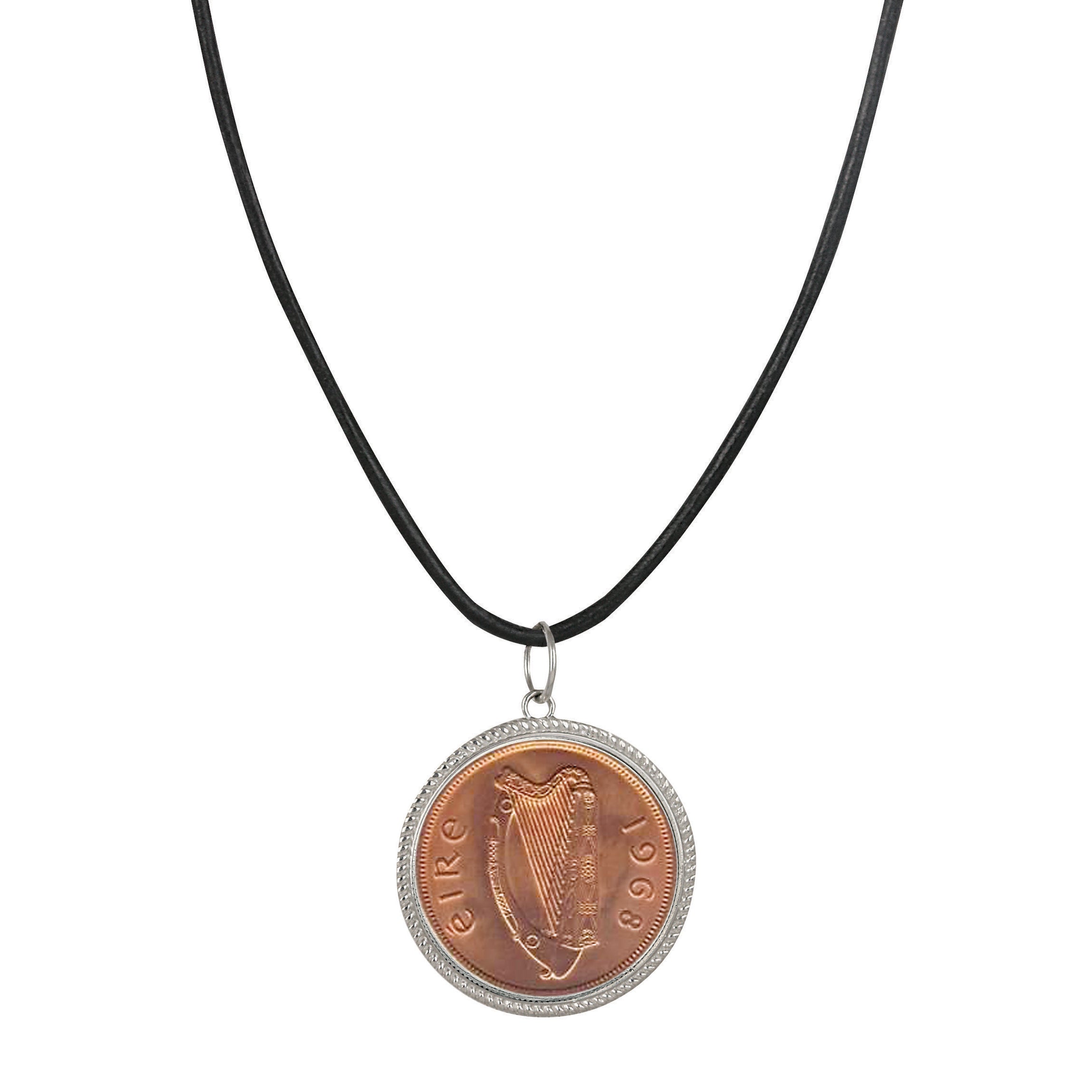 Large Irish Penny Pendant With Leather Cord