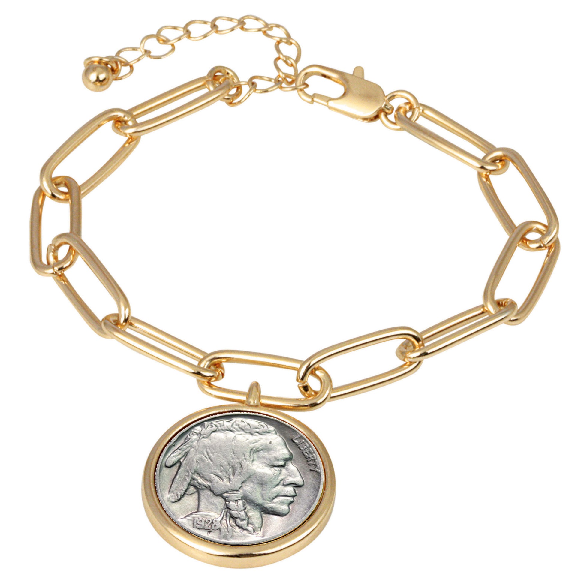 Buffalo Nickel Coin Goldtone Elongated Link Bracelet 