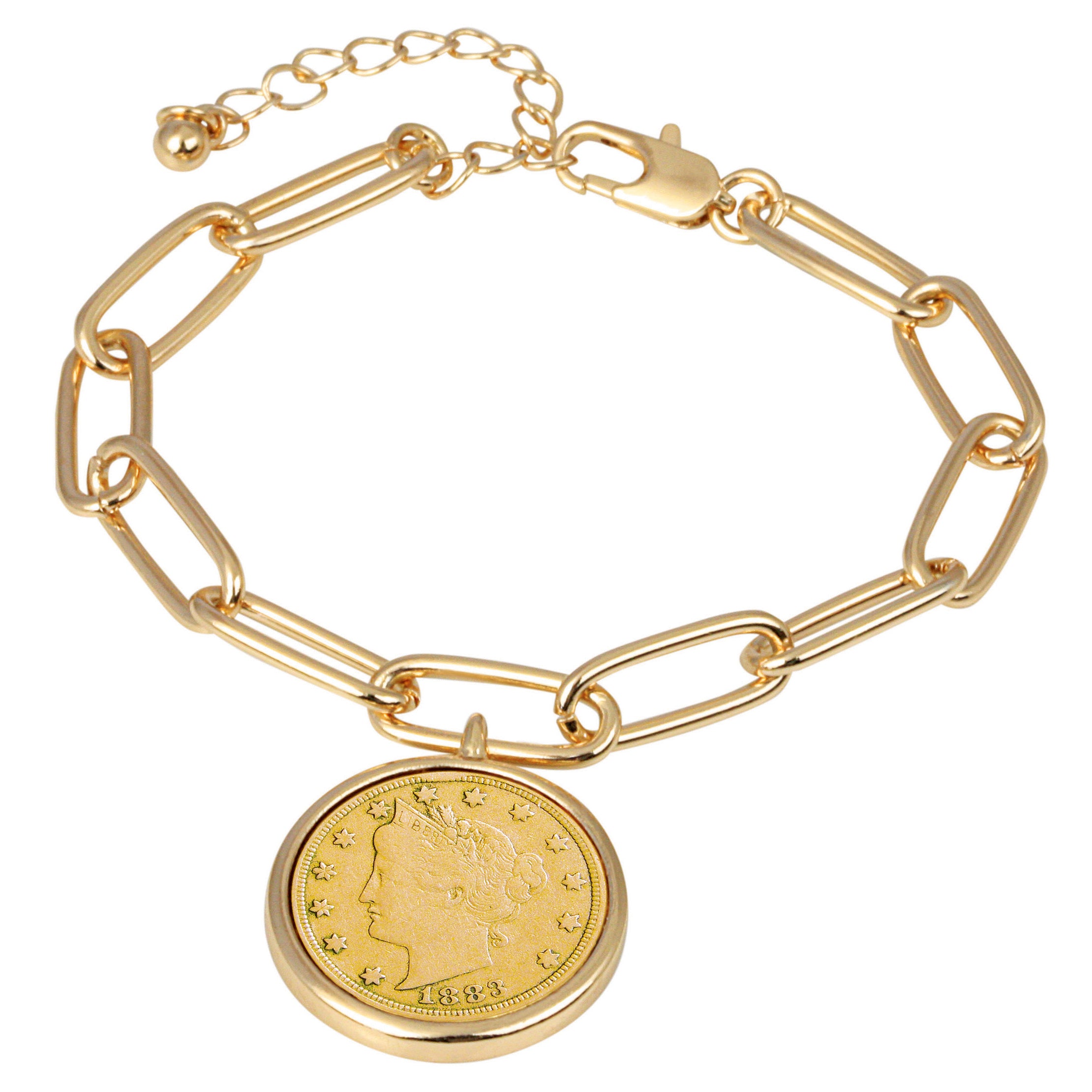 Gold Layered Liberty Nickel Coin Goldtone Elongated Link Bracelet 